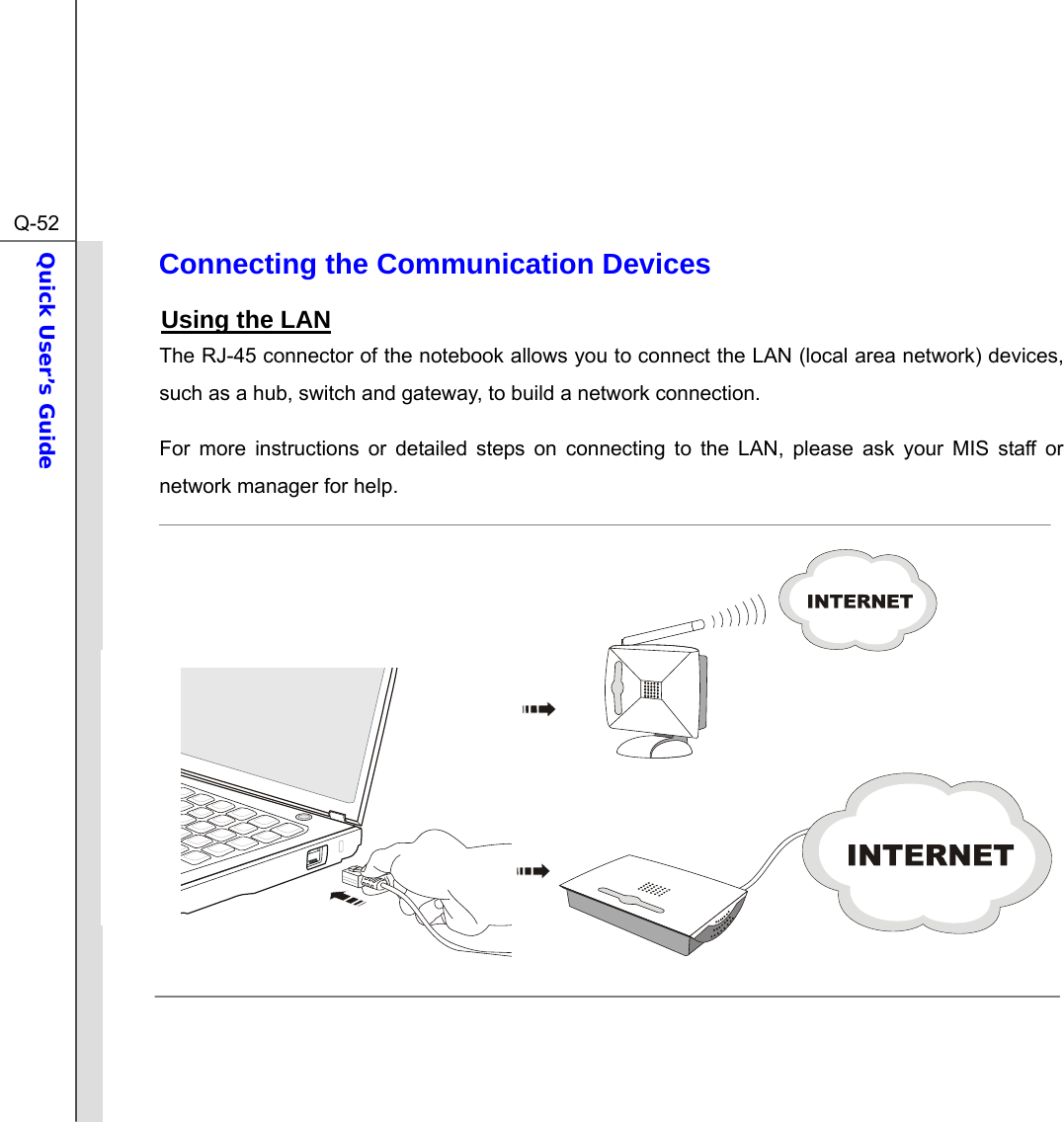  Q-52Quick User’s Guide  Connecting the Communication Devices Using the LAN The RJ-45 connector of the notebook allows you to connect the LAN (local area network) devices, such as a hub, switch and gateway, to build a network connection. For more instructions or detailed steps on connecting to the LAN, please ask your MIS staff or network manager for help.                