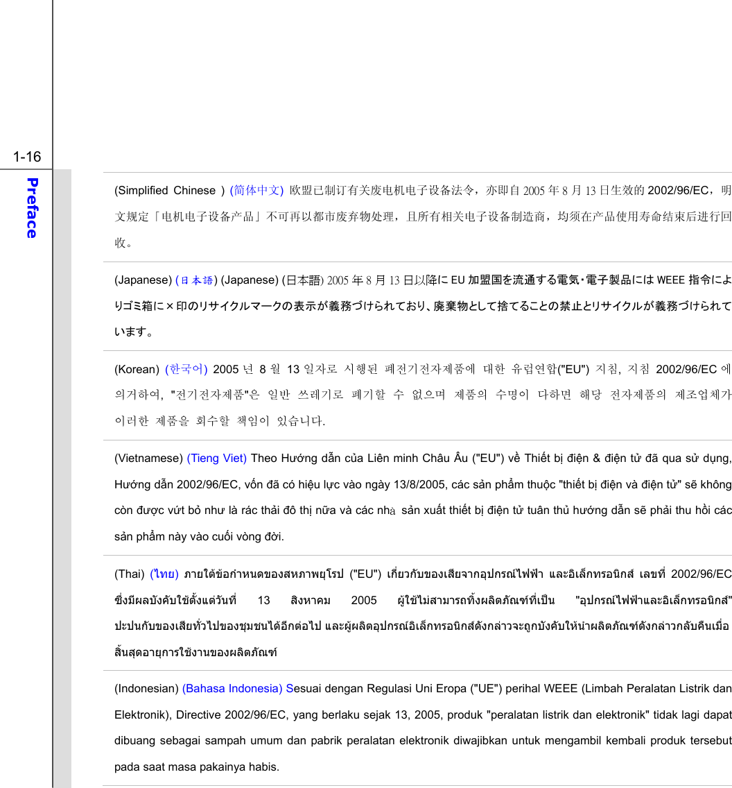  1-16 Preface  (Simplified Chinese ) (简体中文) 欧盟已制订有关废电机电子设备法令，亦即自 2005 年8月13 日生效的 2002/96/EC，明文规定「电机电子设备产品」不可再以都市废弃物处理，且所有相关电子设备制造商，均须在产品使用寿命结束后进行回收。 (Japanese) (日本語) (Japanese) (日本語) 2005 年 8 月 13 日以降に EU 加盟国を流通する電気・電子製品には WEEE 指令によりゴミ箱に×印のリサイクルマークの表示が義務づけられており、廃棄物として捨てることの禁止とリサイクルが義務づけられています。 (Korean)  (한국어) 2005 년 8월 13 일자로 시행된 폐전기전자제품에 대한 유럽연합(&quot;EU&quot;)  지침,  지침 2002/96/EC 에 의거하여, &quot;전기전자제품&quot;은 일반 쓰레기로 폐기할 수 없으며 제품의 수명이 다하면 해당 전자제품의 제조업체가 이러한 제품을 회수할 책임이 있습니다. (Vietnamese) (Tieng Viet) Theo Hướng dẫn của Liên minh Châu Âu (&quot;EU&quot;) về Thiết bị điện &amp; điện tử đã qua sử dụng, Hướng dẫn 2002/96/EC, vốn đã có hiệu lực vào ngày 13/8/2005, các sản phẩm thuộc &quot;thiết bị điện và điện tử&quot; sẽ không còn được vứt bỏ như là rác thải đô thị nữa và các nhà sản xuất thiết bị điện tử tuân thủ hướng dẫn sẽ phải thu hồi các sản phẩm này vào cuối vòng đời. (Thai)  (ไทย)  ภายใตขอกําหนดของสหภาพยุโรป (&quot;EU&quot;) เกี่ยวกับของเสียจากอุปกรณไฟฟา และอิเล็กทรอนิกส เลขที่ 2002/96/EC ซึ่งมีผลบังคับใชตั้งแตวันที่ 13 สิงหาคม 2005 ผูใชไมสามารถทิ้งผลิตภัณฑที่เปน &quot;อุปกรณไฟฟาและอิเล็กทรอนิกส&quot; ปะปนกับของเสียทั่วไปของชุมชนไดอีกตอไป และผูผลิตอุปกรณอิเล็กทรอนิกสดังกลาวจะถูกบังคับใหนําผลิตภัณฑดังกลาวกลับคืนเมื่อ สิ้นสุดอายุการใชงานของผลิตภัณฑ (Indonesian) (Bahasa Indonesia) Sesuai dengan Regulasi Uni Eropa (&quot;UE&quot;) perihal WEEE (Limbah Peralatan Listrik dan Elektronik), Directive 2002/96/EC, yang berlaku sejak 13, 2005, produk &quot;peralatan listrik dan elektronik&quot; tidak lagi dapat dibuang sebagai sampah umum dan pabrik peralatan elektronik diwajibkan untuk mengambil kembali produk tersebut pada saat masa pakainya habis. 