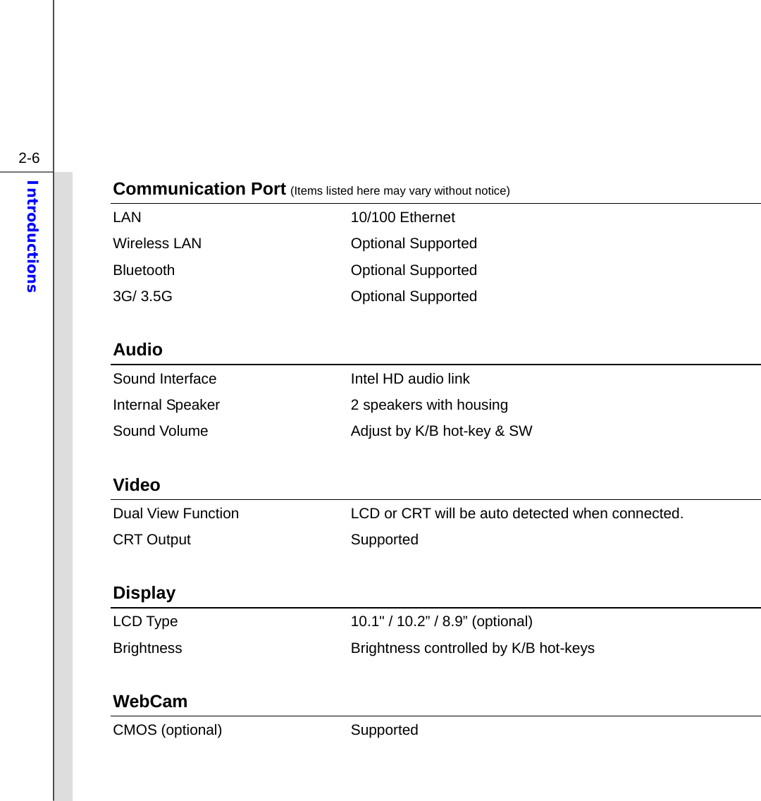  2-6 Introductions  Communication Port (Items listed here may vary without notice) LAN 10/100 Ethernet  Wireless LAN  Optional Supported Bluetooth Optional Supported 3G/ 3.5G  Optional Supported  Audio Sound Interface  Intel HD audio link Internal Speaker  2 speakers with housing Sound Volume  Adjust by K/B hot-key &amp; SW  Video Dual View Function  LCD or CRT will be auto detected when connected. CRT Output  Supported  Display  LCD Type  10.1&quot; / 10.2” / 8.9” (optional)    Brightness  Brightness controlled by K/B hot-keys  WebCam CMOS (optional)  Supported   