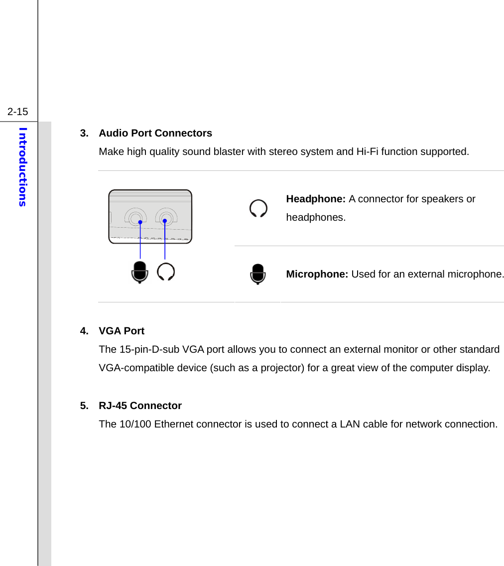  2-15 Introductions  3. Audio Port Connectors  Make high quality sound blaster with stereo system and Hi-Fi function supported.    Headphone: A connector for speakers or headphones.          Microphone: Used for an external microphone.  4. VGA Port The 15-pin-D-sub VGA port allows you to connect an external monitor or other standard VGA-compatible device (such as a projector) for a great view of the computer display.  5. RJ-45 Connector The 10/100 Ethernet connector is used to connect a LAN cable for network connection.  