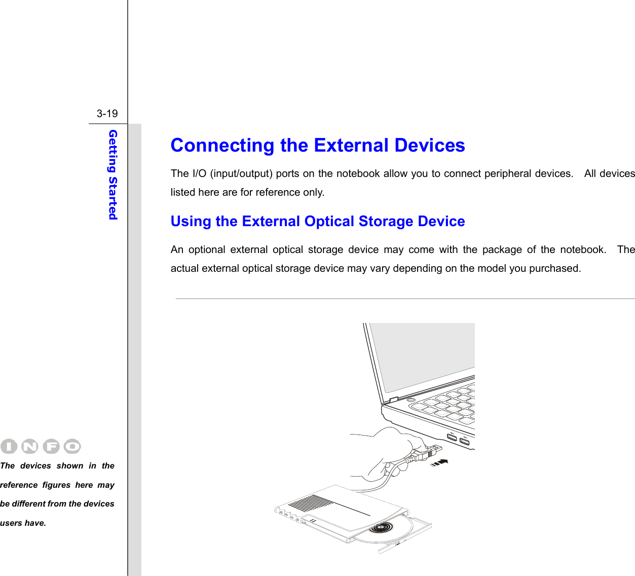  3-19 Getting Started  Connecting the External Devices The I/O (input/output) ports on the notebook allow you to connect peripheral devices.    All devices listed here are for reference only. Using the External Optical Storage Device An optional external optical storage device may come with the package of the notebook.  The actual external optical storage device may vary depending on the model you purchased.                The devices shown in the reference figures here may be different from the devices users have.  