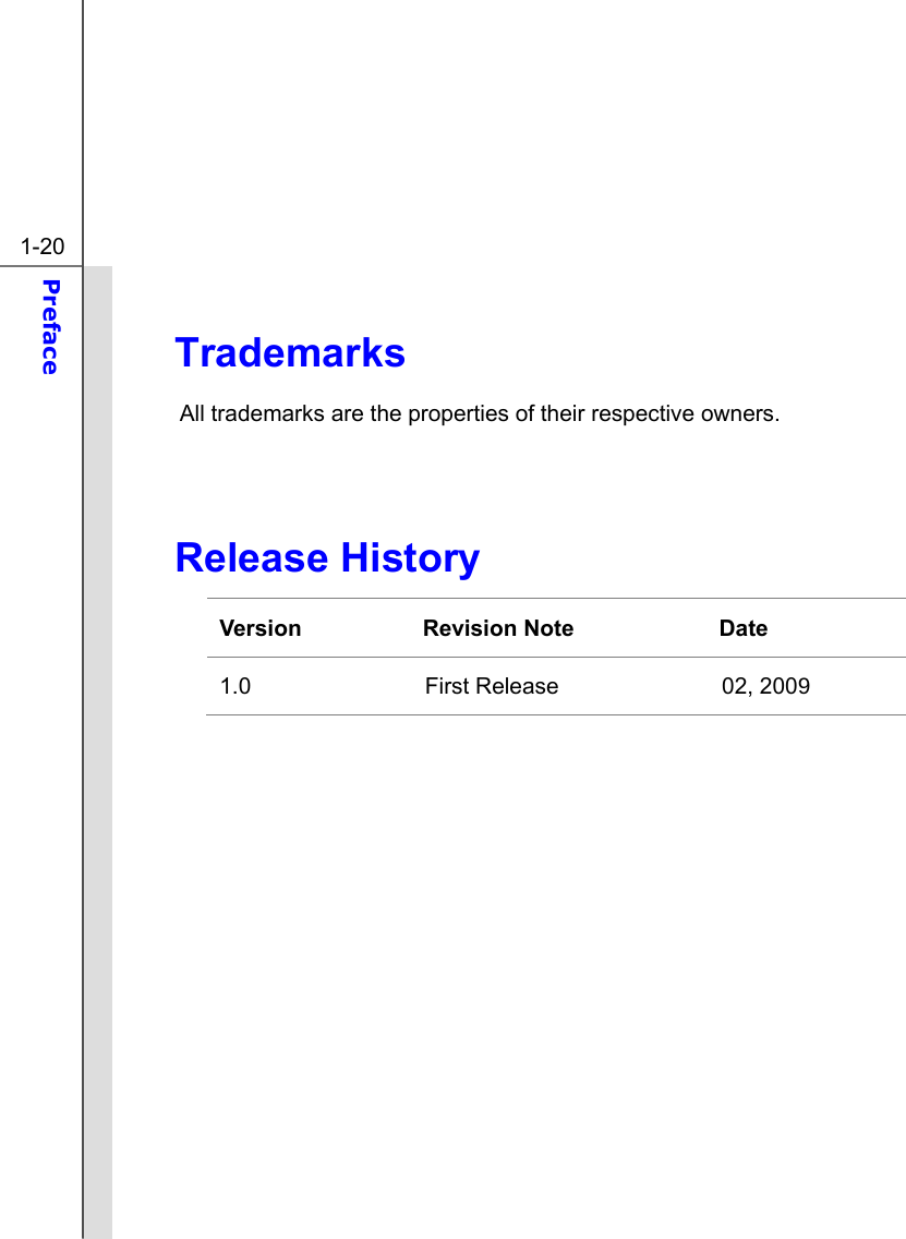  1-20 Preface   Trademarks All trademarks are the properties of their respective owners.   Release History Version Revision Note  Date 1.0  First Release                          02, 2009  