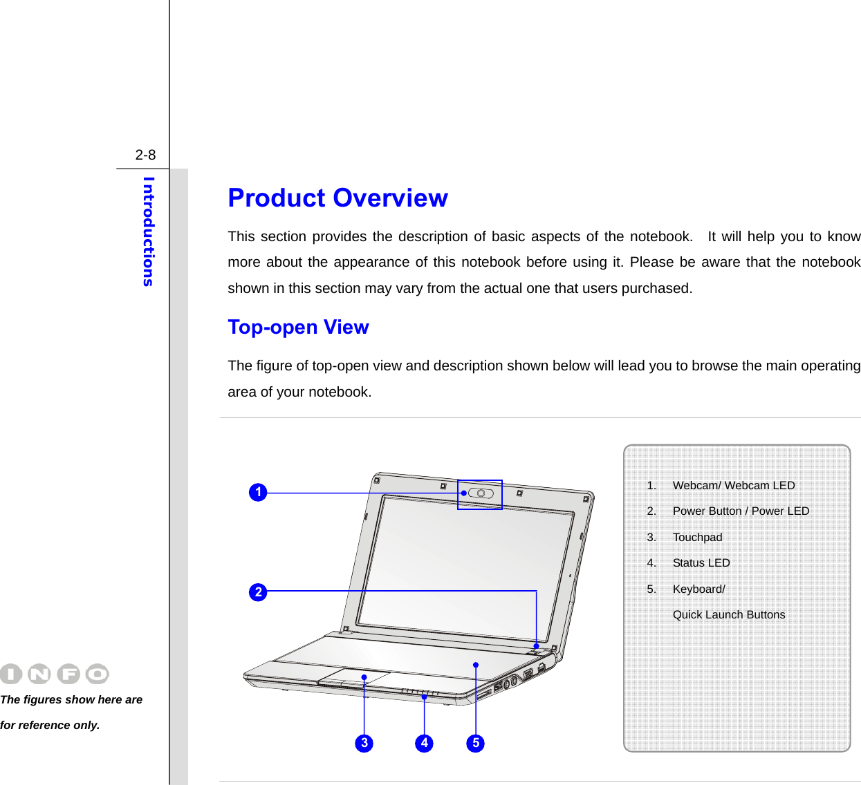  2-8 Introductions  Product Overview                                        This section provides the description of basic aspects of the notebook.  It will help you to know more about the appearance of this notebook before using it. Please be aware that the notebook shown in this section may vary from the actual one that users purchased.   Top-open View    The figure of top-open view and description shown below will lead you to browse the main operating area of your notebook.               The figures show here are for reference only.   1.  Webcam/ Webcam LED 2.  Power Button / Power LED 3. Touchpad 4. Status LED 5. Keyboard/  Quick Launch Buttons     3 541 2 