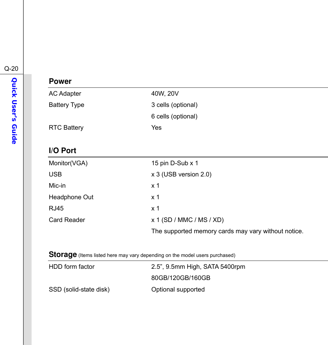  Q-20Quick User’s Guide  Power AC Adapter  40W, 20V Battery Type  3 cells (optional)     6 cells (optional) RTC Battery  Yes  I/O Port Monitor(VGA)  15 pin D-Sub x 1 USB  x 3 (USB version 2.0)   Mic-in x 1 Headphone Out  x 1 RJ45 x 1 Card Reader  x 1 (SD / MMC / MS / XD)   The supported memory cards may vary without notice.  Storage (Items listed here may vary depending on the model users purchased) HDD form factor  2.5”, 9.5mm High, SATA 5400rpm    80GB/120GB/160GB SSD (solid-state disk)  Optional supported      