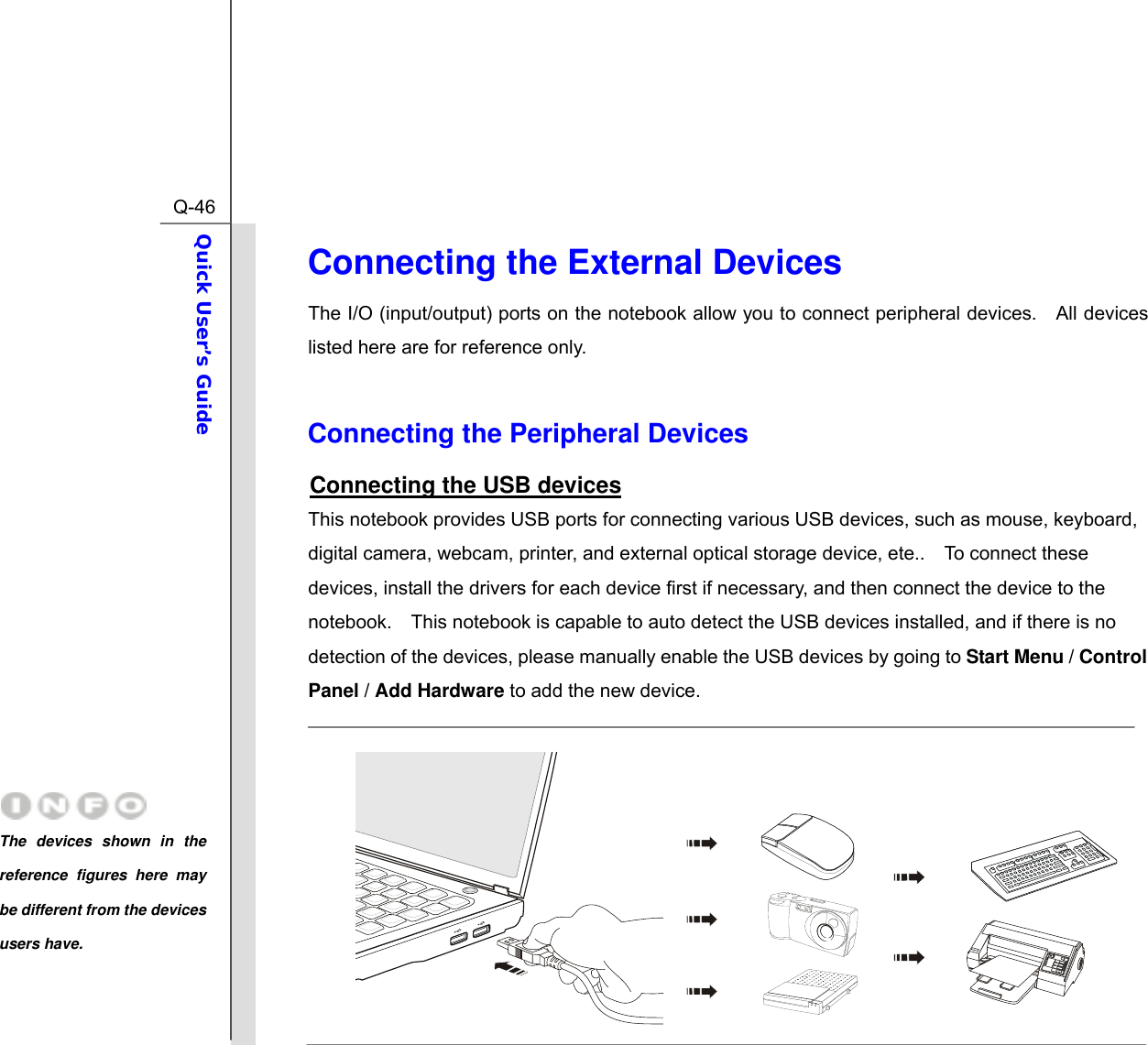  Q-46Quick User’s Guide  Connecting the External Devices The I/O (input/output) ports on the notebook allow you to connect peripheral devices.   All devices listed here are for reference only.  Connecting the Peripheral Devices Connecting the USB devices This notebook provides USB ports for connecting various USB devices, such as mouse, keyboard, digital camera, webcam, printer, and external optical storage device, ete..    To connect these devices, install the drivers for each device first if necessary, and then connect the device to the notebook.    This notebook is capable to auto detect the USB devices installed, and if there is no detection of the devices, please manually enable the USB devices by going to Start Menu / Control Panel / Add Hardware to add the new device.          The devices shown in the reference figures here may be different from the devices users have.  