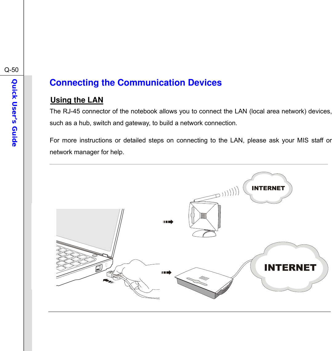  Q-50Quick User’s Guide  Connecting the Communication Devices Using the LAN The RJ-45 connector of the notebook allows you to connect the LAN (local area network) devices, such as a hub, switch and gateway, to build a network connection. For more instructions or detailed steps on connecting to the LAN, please ask your MIS staff or network manager for help.                