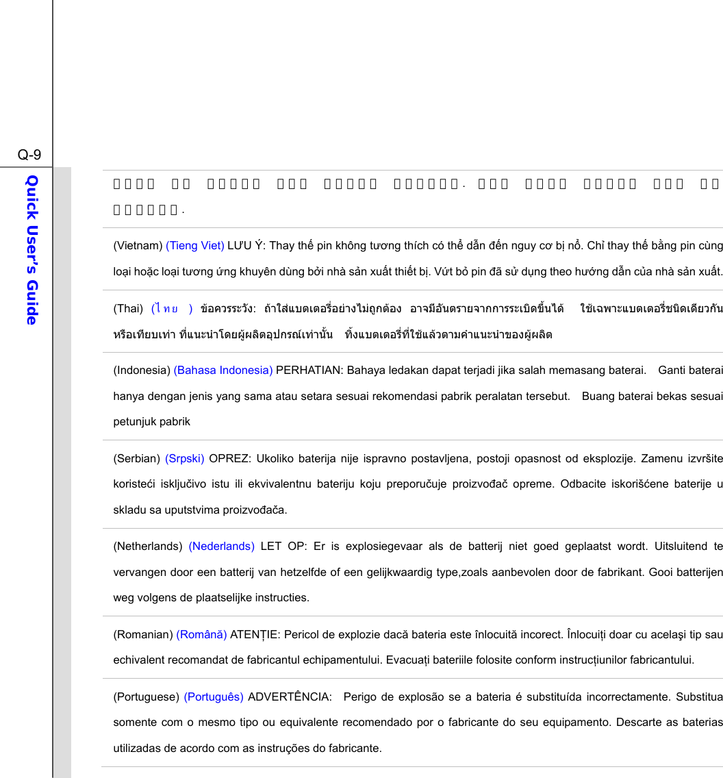  Q-9Quick User’s Guide  권장하는 것과 동일하거나 동등한 배터리로만 교체하십시오.  사용한 배터리는 제조업체의 지침에 따라 폐기하십시오. (Vietnam) (Tieng Viet) LU Ý: Thay th pin không tng thích có th dn n nguy c b n. Ch thay th bng pin cùng loi hoc loi tng ng khuyên dùng bi nhà sn xut thit b. Vt b pin ã s dng theo hng dn ca nhà sn xut. (Thai)  (ไทย ) ขอควรระวัง:  ถาใสแบตเตอรี่อยางไมถูกตอง อาจมีอันตรายจากการระเบิดขึ้นได  ใชเฉพาะแบตเตอรี่ชนิดเดียวกัน หรือเทียบเทา ที่แนะนําโดยผูผลิตอุปกรณเทานั้น  ทิ้งแบตเตอรี่ที่ใชแลวตามคําแนะนําของผูผลิต (Indonesia) (Bahasa Indonesia) PERHATIAN: Bahaya ledakan dapat terjadi jika salah memasang baterai.  Ganti baterai hanya dengan jenis yang sama atau setara sesuai rekomendasi pabrik peralatan tersebut.    Buang baterai bekas sesuai petunjuk pabrik (Serbian) (Srpski) OPREZ: Ukoliko baterija nije ispravno postavljena, postoji opasnost od eksplozije. Zamenu izvršite koristei iskljuivo istu ili ekvivalentnu bateriju koju preporuuje proizvoa opreme. Odbacite iskorišene baterije u skladu sa uputstvima proizvoaa. (Netherlands)  (Nederlands) LET OP: Er is explosiegevaar als de batterij niet goed geplaatst wordt. Uitsluitend te vervangen door een batterij van hetzelfde of een gelijkwaardig type,zoals aanbevolen door de fabrikant. Gooi batterijen weg volgens de plaatselijke instructies. (Romanian) (Român) ATENIE: Pericol de explozie dac bateria este înlocuit incorect. Înlocuii doar cu acelai tip sau echivalent recomandat de fabricantul echipamentului. Evacuai bateriile folosite conform instruciunilor fabricantului. (Portuguese) (Português) ADVERTÊNCIA:  Perigo de explosão se a bateria é substituída incorrectamente. Substitua somente com o mesmo tipo ou equivalente recomendado por o fabricante do seu equipamento. Descarte as baterias utilizadas de acordo com as instruções do fabricante. 