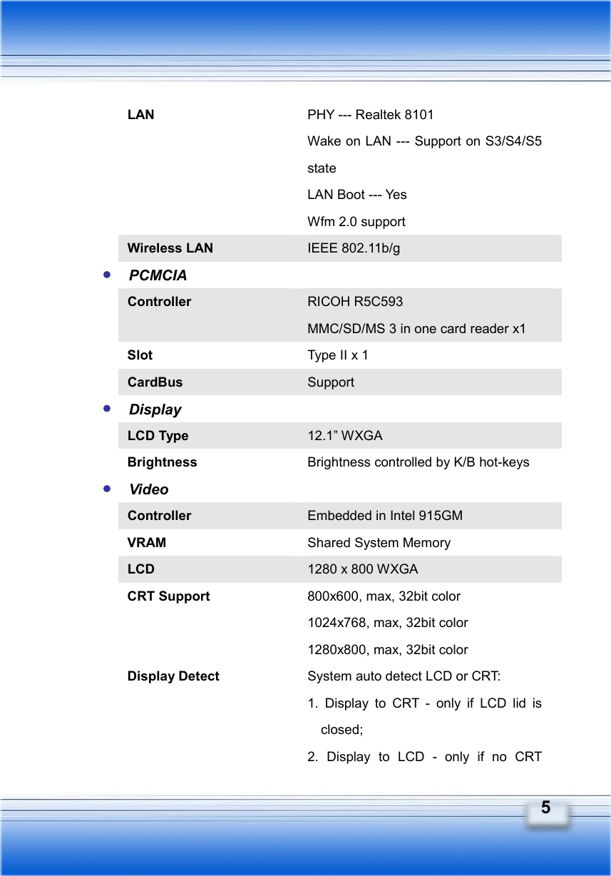   5 LAN  PHY --- Realtek 8101 Wake on LAN --- Support on S3/S4/S5 state LAN Boot --- Yes Wfm 2.0 support Wireless LAN  IEEE 802.11b/g y PCMCIA Controller  RICOH R5C593 MMC/SD/MS 3 in one card reader x1 Slot  Type II x 1 CardBus  Support y Display LCD Type  12.1” WXGA Brightness  Brightness controlled by K/B hot-keys y Video  Controller  Embedded in Intel 915GM VRAM  Shared System Memory LCD  1280 x 800 WXGA CRT Support  800x600, max, 32bit color 1024x768, max, 32bit color 1280x800, max, 32bit color Display Detect  System auto detect LCD or CRT:   1. Display to CRT - only if LCD lid is closed;  2. Display to LCD - only if no CRT 