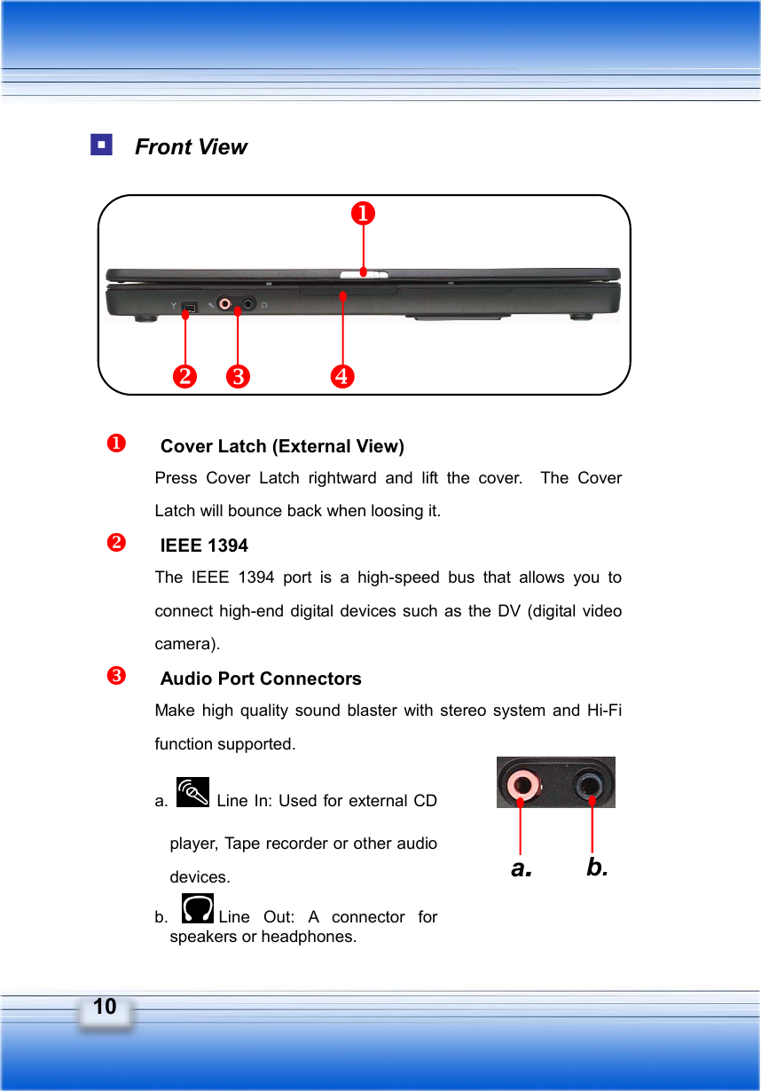   10 a.b.  Front View           Cover Latch (External View) Press Cover Latch rightward and lift the cover.  The Cover Latch will bounce back when loosing it.   IEEE 1394   The IEEE 1394 port is a high-speed bus that allows you to connect high-end digital devices such as the DV (digital video camera).   Audio Port Connectors Make high quality sound blaster with stereo system and Hi-Fi function supported. a.    Line In: Used for external CD player, Tape recorder or other audio devices. b.  Line Out: A connector for speakers or headphones. 