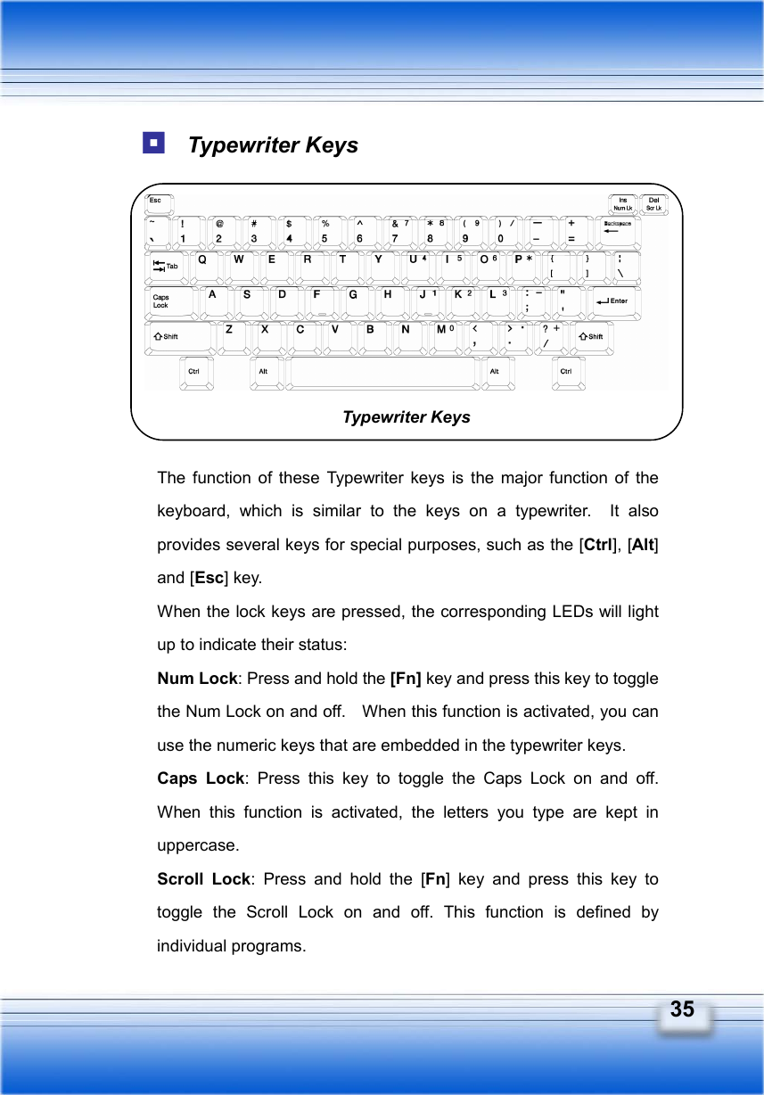   35  Typewriter Keys          The function of these Typewriter keys is the major function of the keyboard, which is similar to the keys on a typewriter.  It also provides several keys for special purposes, such as the [Ctrl], [Alt] and [Esc] key. When the lock keys are pressed, the corresponding LEDs will light up to indicate their status: Num Lock: Press and hold the [Fn] key and press this key to toggle the Num Lock on and off.    When this function is activated, you can use the numeric keys that are embedded in the typewriter keys. Caps Lock: Press this key to toggle the Caps Lock on and off.  When this function is activated, the letters you type are kept in uppercase. Scroll Lock: Press and hold the [Fn] key and press this key to toggle the Scroll Lock on and off. This function is defined by individual programs. Typewriter Keys 