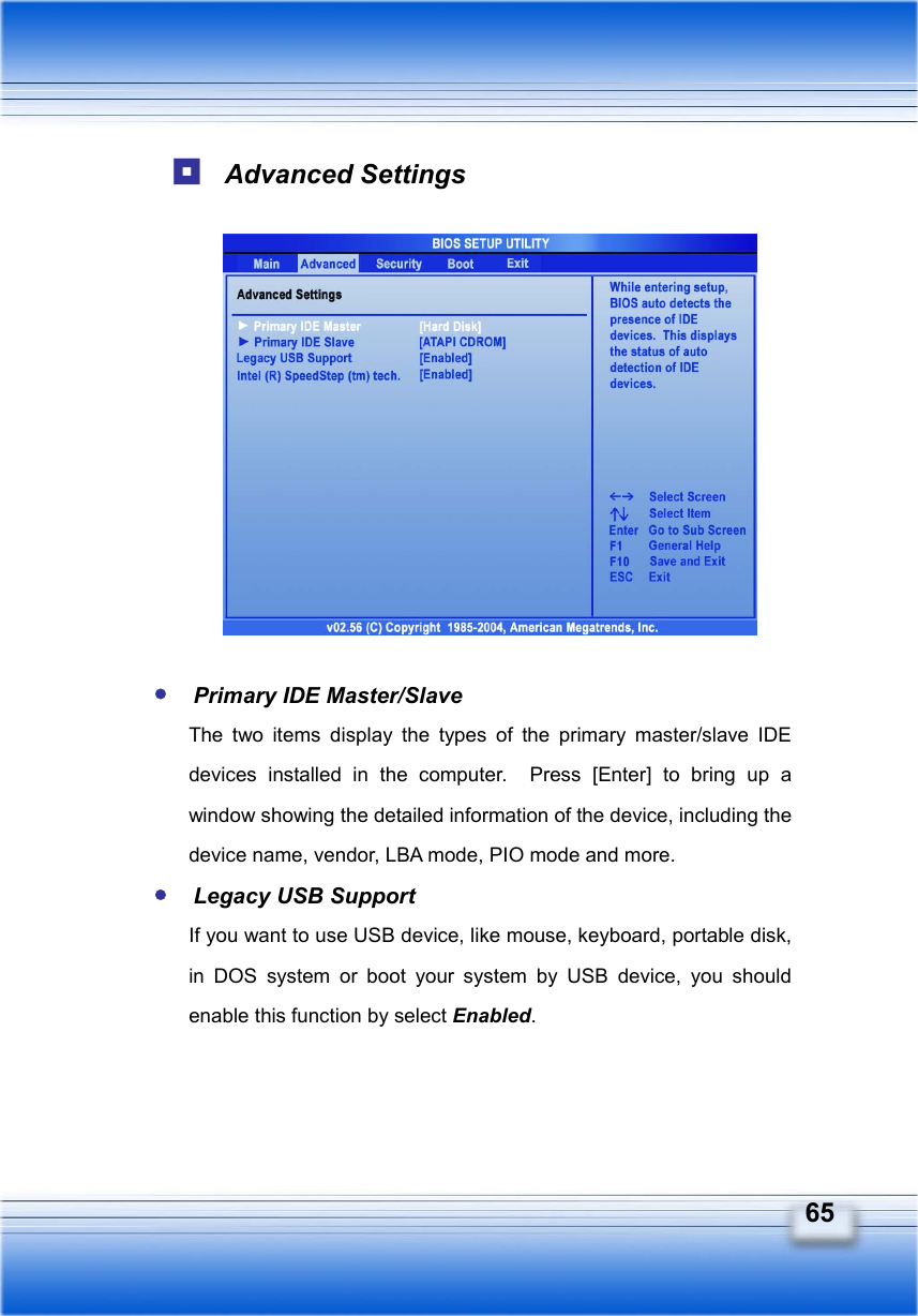   65  Advanced Settings             y Primary IDE Master/Slave The two items display the types of the primary master/slave IDE devices installed in the computer.  Press [Enter] to bring up a window showing the detailed information of the device, including the device name, vendor, LBA mode, PIO mode and more. y Legacy USB Support If you want to use USB device, like mouse, keyboard, portable disk, in DOS system or boot your system by USB device, you should enable this function by select Enabled. 