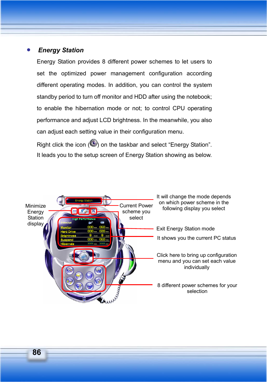   86 It will change the mode depends on which power scheme in the following display you select It shows you the current PC statusExit Energy Station mode Click here to bring up configuration menu and you can set each value individually 8 different power schemes for your selection  Energy Station Energy Station provides 8 different power schemes to let users to set the optimized power management configuration according different operating modes. In addition, you can control the system standby period to turn off monitor and HDD after using the notebook; to enable the hibernation mode or not; to control CPU operating performance and adjust LCD brightness. In the meanwhile, you also can adjust each setting value in their configuration menu.       Right click the icon ( ) on the taskbar and select “Energy Station”.   It leads you to the setup screen of Energy Station showing as below.                Current Power scheme you select Minimize Energy Station display 