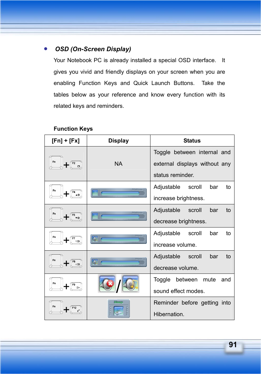   91  OSD (On-Screen Display) Your Notebook PC is already installed a special OSD interface.    It gives you vivid and friendly displays on your screen when you are enabling Function Keys and Quick Launch Buttons.  Take the tables below as your reference and know every function with its related keys and reminders.    Function Keys [Fn] + [Fx]  Display  Status +NA Toggle between internal and external displays without any status reminder. + Adjustable scroll bar to increase brightness. + Adjustable scroll bar to decrease brightness. + Adjustable scroll bar to increase volume. + Adjustable scroll bar to decrease volume. +/ Toggle between mute and sound effect modes. + Reminder before getting into Hibernation. 