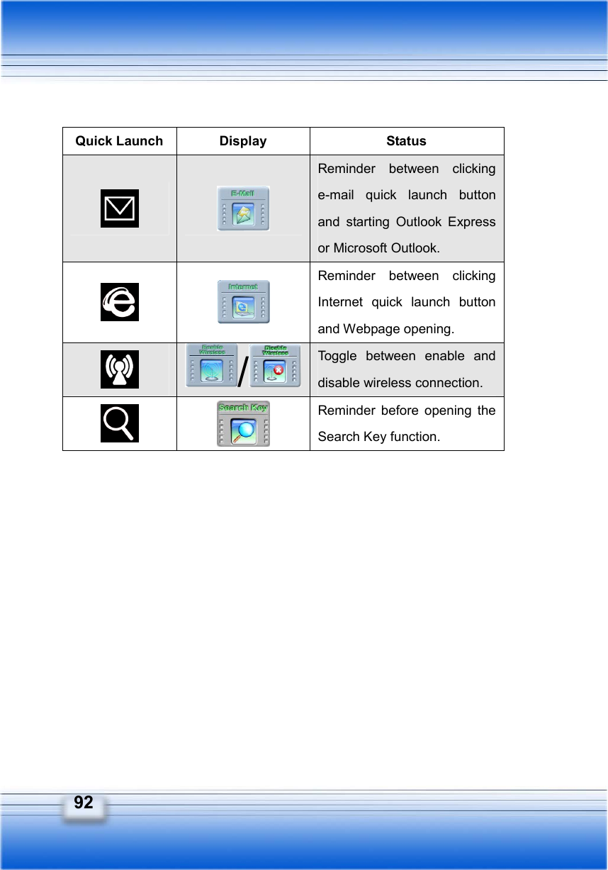   92  Quick Launch  Display  Status   Reminder between clicking e-mail quick launch button and starting Outlook Express or Microsoft Outlook.   Reminder between clicking Internet quick launch button and Webpage opening.  /Toggle between enable and disable wireless connection.   Reminder before opening the Search Key function. 