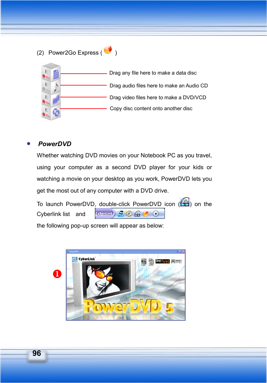   96  Drag any file here to make a data discDrag audio files here to make an Audio CD Drag video files here to make a DVD/VCD Copy disc content onto another disc (2)  Power2Go Express ( )          PowerDVD Whether watching DVD movies on your Notebook PC as you travel, using your computer as a second DVD player for your kids or watching a movie on your desktop as you work, PowerDVD lets you get the most out of any computer with a DVD drive.   To launch PowerDVD, double-click PowerDVD icon ( ) on the Cyberlink list  and  the following pop-up screen will appear as below:          