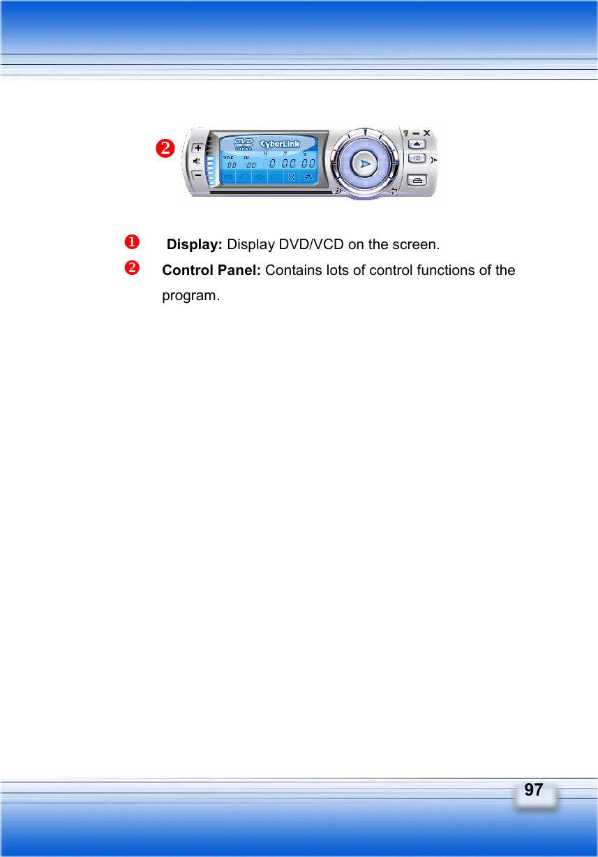   97        Display: Display DVD/VCD on the screen.  Control Panel: Contains lots of control functions of the program. 