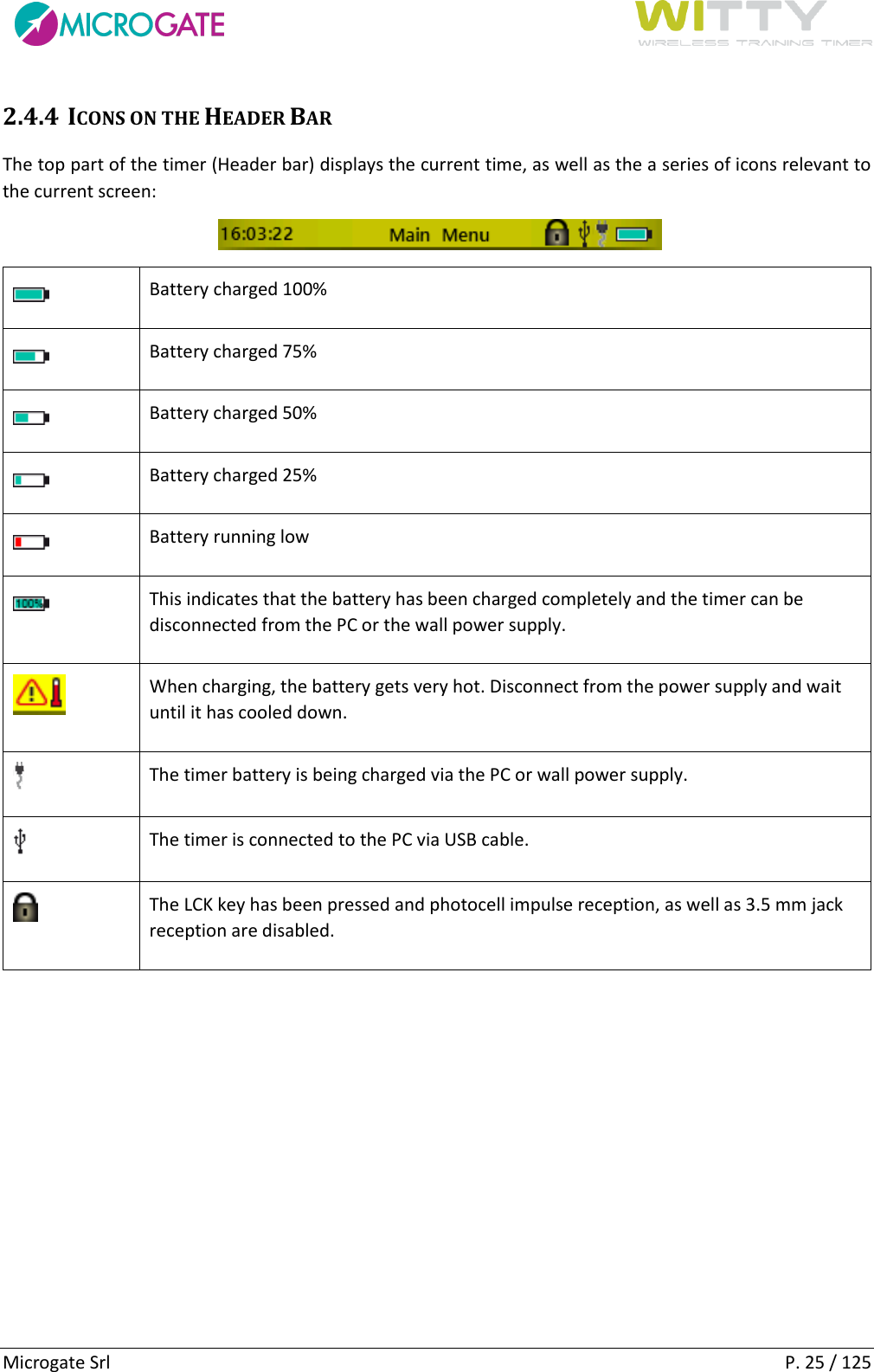      Microgate Srl    P. 25 / 125 2.4.4 ICONS ON THE HEADER BAR The top part of the timer (Header bar) displays the current time, as well as the a series of icons relevant to the current screen:     Battery charged 100%  Battery charged 75%  Battery charged 50%  Battery charged 25%  Battery running low  This indicates that the battery has been charged completely and the timer can be disconnected from the PC or the wall power supply.  When charging, the battery gets very hot. Disconnect from the power supply and wait until it has cooled down.  The timer battery is being charged via the PC or wall power supply.  The timer is connected to the PC via USB cable.  The LCK key has been pressed and photocell impulse reception, as well as 3.5 mm jack reception are disabled.   