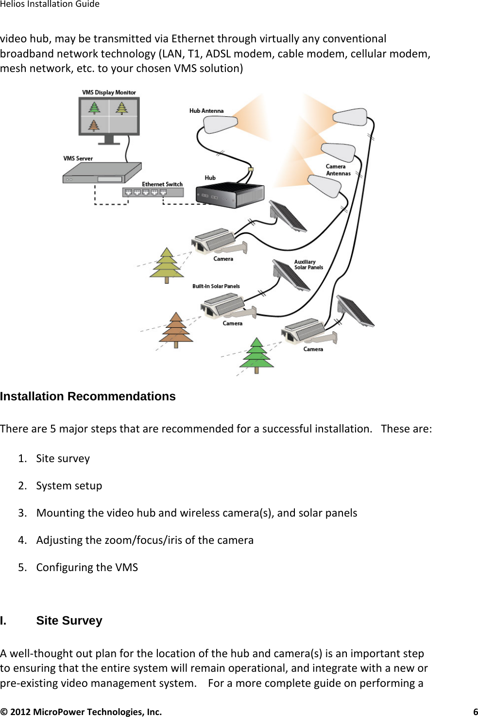   Helios Installation Guide  © 2012 MicroPower Technologies, Inc.      6   video hub, may be transmitted via Ethernet through virtually any conventional broadband network technology (LAN, T1, ADSL modem, cable modem, cellular modem, mesh network, etc. to your chosen VMS solution)   Installation Recommendations  There are 5 major steps that are recommended for a successful installation.   These are:  1. Site survey 2. System setup 3. Mounting the video hub and wireless camera(s), and solar panels 4. Adjusting the zoom/focus/iris of the camera 5. Configuring the VMS  I. Site Survey  A well-thought out plan for the location of the hub and camera(s) is an important step to ensuring that the entire system will remain operational, and integrate with a new or pre-existing video management system.    For a more complete guide on performing a 