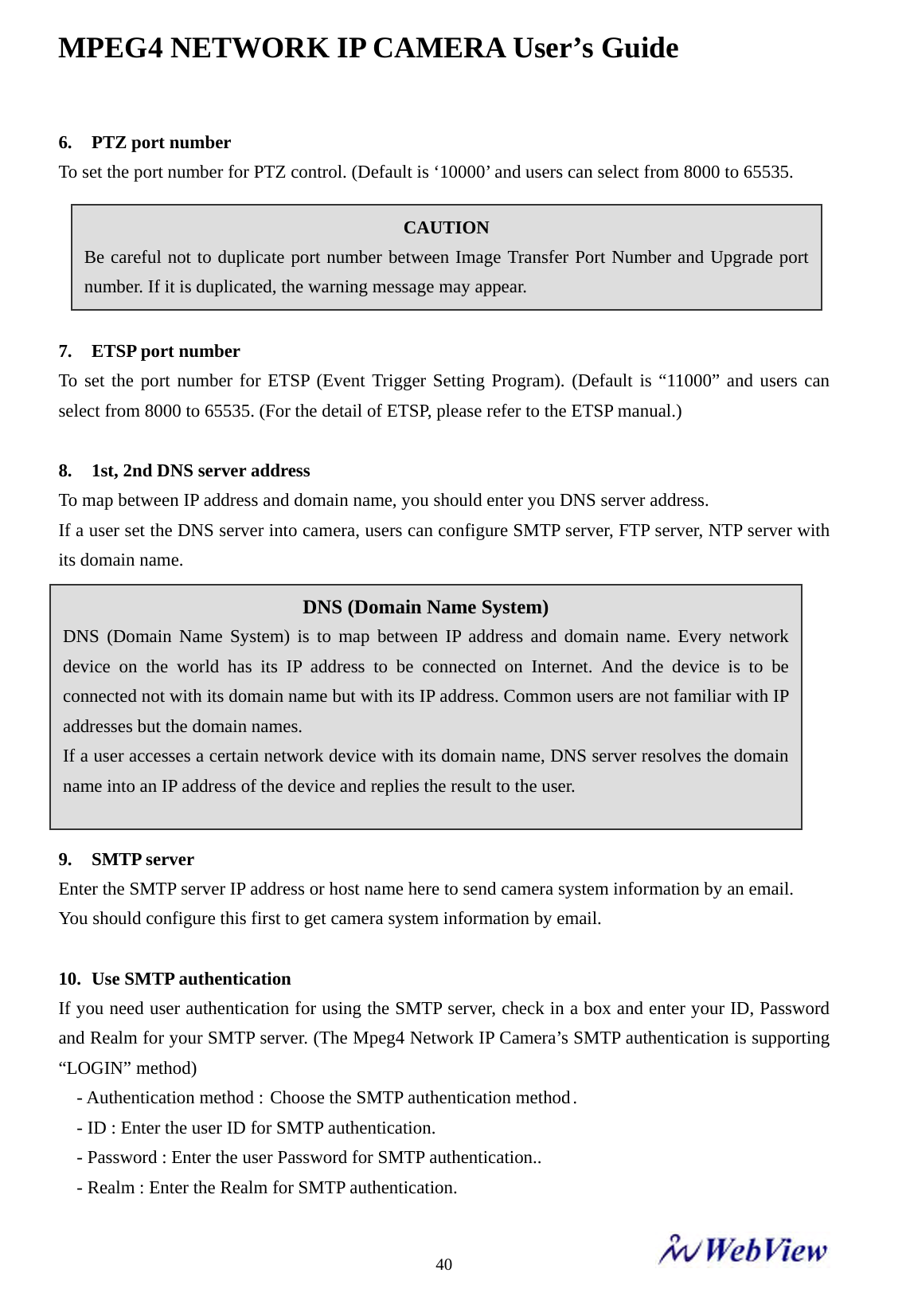 MPEG4 NETWORK IP CAMERA User&rsquo;s Guide    406. PTZ port number To set the port number for PTZ control. (Default is &lsquo;10000&rsquo; and users can select from 8000 to 65535.        7. ETSP port number To set the port number for ETSP (Event Trigger Setting Program). (Default is &ldquo;11000&rdquo; and users can select from 8000 to 65535. (For the detail of ETSP, please refer to the ETSP manual.)  8. 1st, 2nd DNS server address To map between IP address and domain name, you should enter you DNS server address. If a user set the DNS server into camera, users can configure SMTP server, FTP server, NTP server with its domain name.          9. SMTP server Enter the SMTP server IP address or host name here to send camera system information by an email. You should configure this first to get camera system information by email.  10. Use SMTP authentication If you need user authentication for using the SMTP server, check in a box and enter your ID, Password and Realm for your SMTP server. (The Mpeg4 Network IP Camera&rsquo;s SMTP authentication is supporting &ldquo;LOGIN&rdquo; method)   - Authentication method : Choose the SMTP authentication method. - ID : Enter the user ID for SMTP authentication. - Password : Enter the user Password for SMTP authentication.. - Realm : Enter the Realm for SMTP authentication. CAUTION Be careful not to duplicate port number between Image Transfer Port Number and Upgrade port number. If it is duplicated, the warning message may appear. DNS (Domain Name System) DNS (Domain Name System) is to map between IP address and domain name. Every network device on the world has its IP address to be connected on Internet. And the device is to be connected not with its domain name but with its IP address. Common users are not familiar with IP addresses but the domain names. If a user accesses a certain network device with its domain name, DNS server resolves the domain name into an IP address of the device and replies the result to the user. 