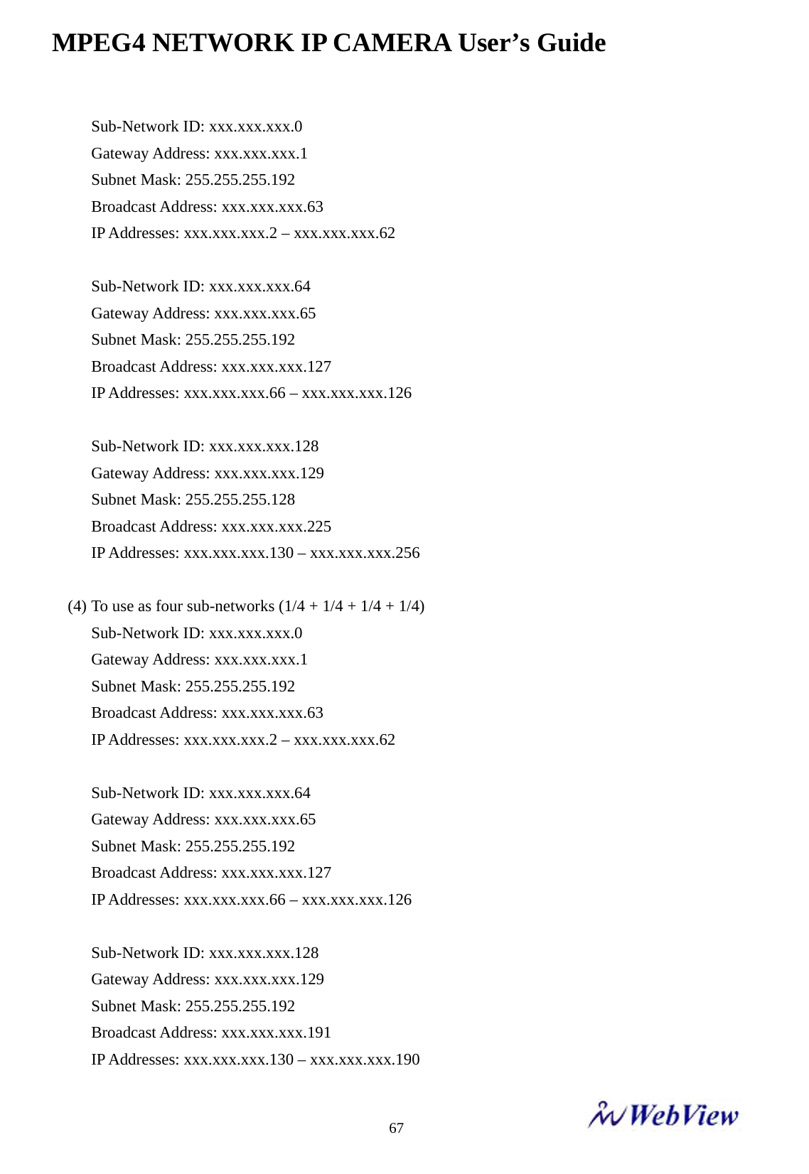MPEG4 NETWORK IP CAMERA User&rsquo;s Guide    67Sub-Network ID: xxx.xxx.xxx.0 Gateway Address: xxx.xxx.xxx.1 Subnet Mask: 255.255.255.192 Broadcast Address: xxx.xxx.xxx.63 IP Addresses: xxx.xxx.xxx.2 &ndash; xxx.xxx.xxx.62  Sub-Network ID: xxx.xxx.xxx.64 Gateway Address: xxx.xxx.xxx.65 Subnet Mask: 255.255.255.192 Broadcast Address: xxx.xxx.xxx.127 IP Addresses: xxx.xxx.xxx.66 &ndash; xxx.xxx.xxx.126  Sub-Network ID: xxx.xxx.xxx.128 Gateway Address: xxx.xxx.xxx.129 Subnet Mask: 255.255.255.128 Broadcast Address: xxx.xxx.xxx.225 IP Addresses: xxx.xxx.xxx.130 &ndash; xxx.xxx.xxx.256  (4) To use as four sub-networks (1/4 + 1/4 + 1/4 + 1/4) Sub-Network ID: xxx.xxx.xxx.0 Gateway Address: xxx.xxx.xxx.1 Subnet Mask: 255.255.255.192 Broadcast Address: xxx.xxx.xxx.63 IP Addresses: xxx.xxx.xxx.2 &ndash; xxx.xxx.xxx.62  Sub-Network ID: xxx.xxx.xxx.64 Gateway Address: xxx.xxx.xxx.65 Subnet Mask: 255.255.255.192 Broadcast Address: xxx.xxx.xxx.127 IP Addresses: xxx.xxx.xxx.66 &ndash; xxx.xxx.xxx.126  Sub-Network ID: xxx.xxx.xxx.128 Gateway Address: xxx.xxx.xxx.129 Subnet Mask: 255.255.255.192 Broadcast Address: xxx.xxx.xxx.191 IP Addresses: xxx.xxx.xxx.130 &ndash; xxx.xxx.xxx.190 