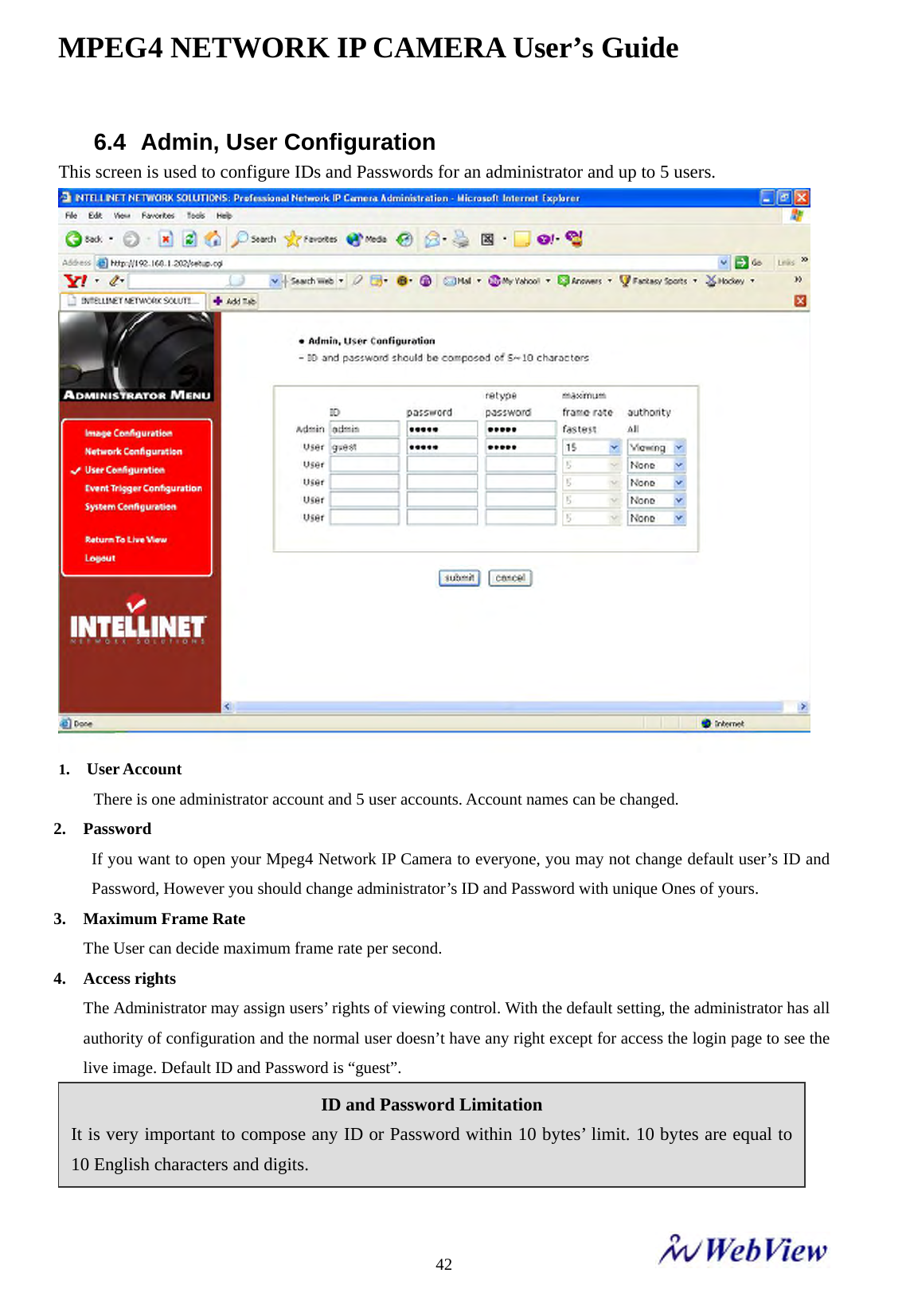 MPEG4 NETWORK IP CAMERA User&rsquo;s Guide    426.4 Admin, User Configuration This screen is used to configure IDs and Passwords for an administrator and up to 5 users.  1.  User Account There is one administrator account and 5 user accounts. Account names can be changed. 2. Password If you want to open your Mpeg4 Network IP Camera to everyone, you may not change default user&rsquo;s ID and Password, However you should change administrator&rsquo;s ID and Password with unique Ones of yours.   3. Maximum Frame Rate The User can decide maximum frame rate per second. 4. Access rights The Administrator may assign users&rsquo; rights of viewing control. With the default setting, the administrator has all authority of configuration and the normal user doesn&rsquo;t have any right except for access the login page to see the live image. Default ID and Password is &ldquo;guest&rdquo;.     ID and Password Limitation It is very important to compose any ID or Password within 10 bytes&rsquo; limit. 10 bytes are equal to 10 English characters and digits. 