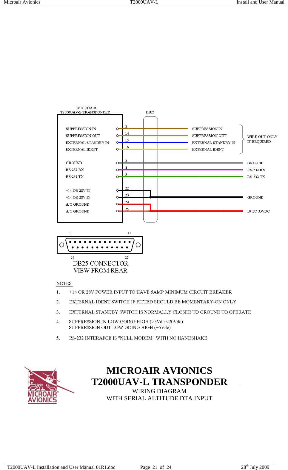 Microair Avionics  T2000UAV-L  Install and User Manual  T2000UAV-L Installation and User Manual 01R1.doc  Page  21  of  24  28th July 2009        MICROAIR AVIONICS T2000UAV-L TRANSPONDER WIRING DIAGRAM WITH SERIAL ALTITUDE DTA INPUT 