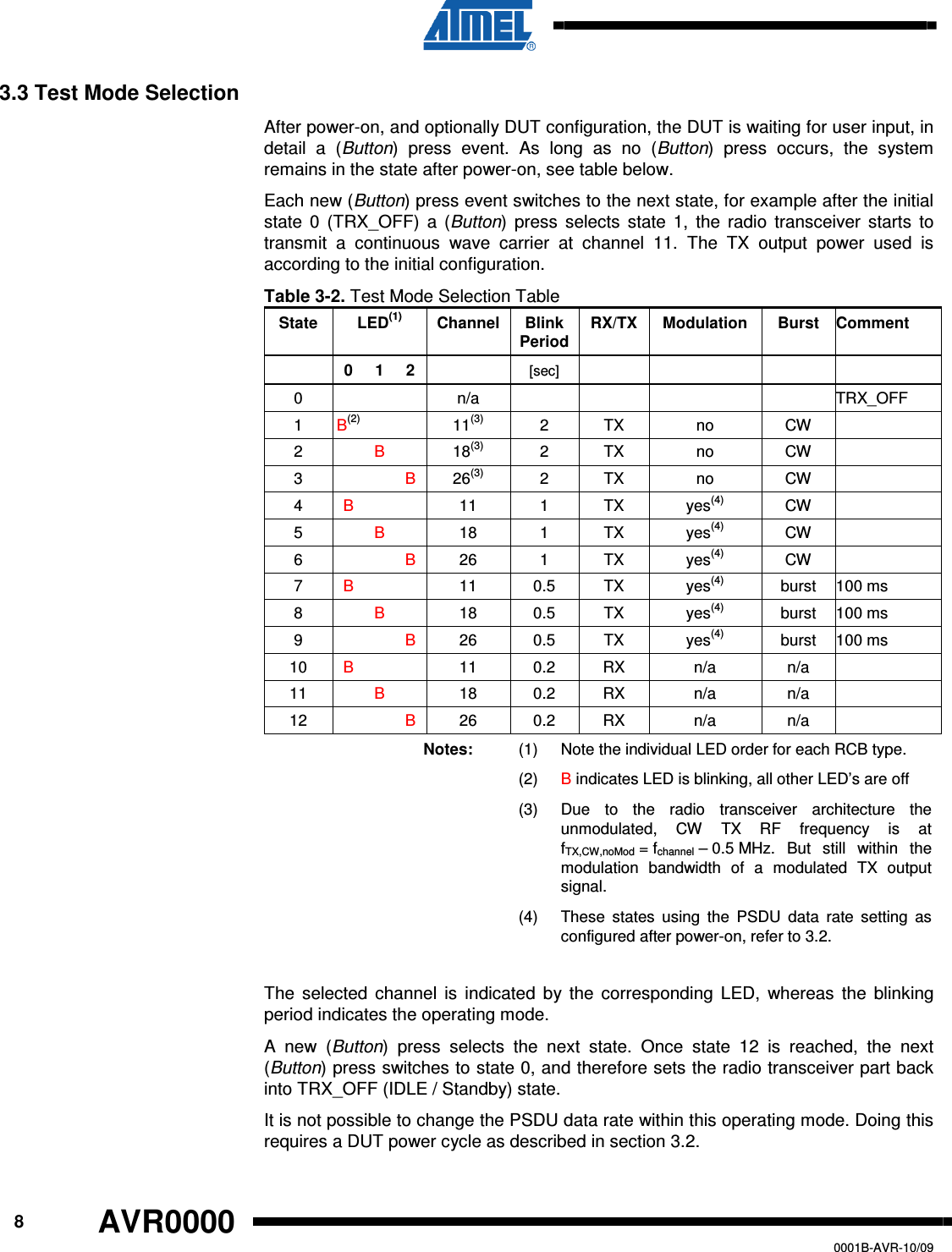      8 AVR0000   0001B-AVR-10/09 3.3 Test Mode Selection After power-on, and optionally DUT configuration, the DUT is waiting for user input, in detail  a  (Button)  press  event.  As  long  as  no  (Button)  press  occurs,  the  system remains in the state after power-on, see table below. Each new (Button) press event switches to the next state, for example after the initial state  0  (TRX_OFF)  a  (Button)  press  selects  state  1,  the  radio  transceiver  starts  to transmit  a  continuous  wave  carrier  at  channel  11.  The  TX  output  power  used  is according to the initial configuration. Table 3-2. Test Mode Selection Table State  LED(1)  Channel  Blink Period RX/TX  Modulation  Burst  Comment   0  1  2   [sec]        0        n/a          TRX_OFF 1  B(2)     11(3)  2  TX  no  CW   2    B    18(3)  2  TX  no  CW   3      B  26(3)  2  TX  no  CW   4  B      11  1  TX  yes(4)  CW   5    B    18  1  TX  yes(4)  CW   6      B  26  1  TX  yes(4)  CW   7  B      11  0.5  TX  yes(4)  burst  100 ms 8    B    18  0.5  TX  yes(4)  burst  100 ms 9      B  26  0.5  TX  yes(4)  burst  100 ms 10  B      11  0.2  RX  n/a  n/a   11    B    18  0.2  RX  n/a  n/a   12      B  26  0.2  RX  n/a  n/a   Notes:  (1)  Note the individual LED order for each RCB type.  (2)  B indicates LED is blinking, all other LED’s are off  (3)  Due  to  the  radio  transceiver  architecture  the unmodulated,  CW  TX  RF  frequency  is  at fTX,CW,noMod = fchannel – 0.5 MHz.  But  still  within  the modulation  bandwidth  of  a  modulated  TX  output signal.   (4)  These  states  using  the  PSDU  data  rate  setting  as configured after power-on, refer to 3.2.  The  selected  channel  is  indicated  by  the  corresponding  LED,  whereas  the  blinking period indicates the operating mode. A  new  (Button)  press  selects  the  next  state.  Once  state  12  is  reached,  the  next (Button) press switches to state 0, and therefore sets the radio transceiver part back into TRX_OFF (IDLE / Standby) state. It is not possible to change the PSDU data rate within this operating mode. Doing this requires a DUT power cycle as described in section 3.2. 