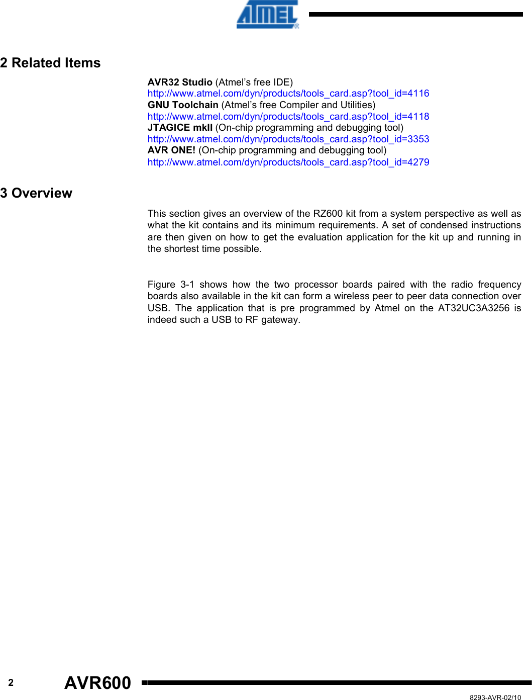      2 AVR600   8293-AVR-02/10 2 Related Items AVR32 Studio (Atmel’s free IDE) http://www.atmel.com/dyn/products/tools_card.asp?tool_id=4116 GNU Toolchain (Atmel’s free Compiler and Utilities) http://www.atmel.com/dyn/products/tools_card.asp?tool_id=4118 JTAGICE mkII (On-chip programming and debugging tool) http://www.atmel.com/dyn/products/tools_card.asp?tool_id=3353 AVR ONE! (On-chip programming and debugging tool) http://www.atmel.com/dyn/products/tools_card.asp?tool_id=4279 3 Overview This section gives an overview of the RZ600 kit from a system perspective as well as what the kit contains and its minimum requirements. A set of condensed instructions are then given on how  to  get the evaluation application for the kit up and running in the shortest time possible.  Figure  3-1  shows  how  the  two  processor  boards  paired  with  the  radio  frequency boards also available in the kit can form a wireless peer to peer data connection over USB.  The  application  that  is  pre  programmed  by  Atmel  on  the  AT32UC3A3256  is indeed such a USB to RF gateway. 