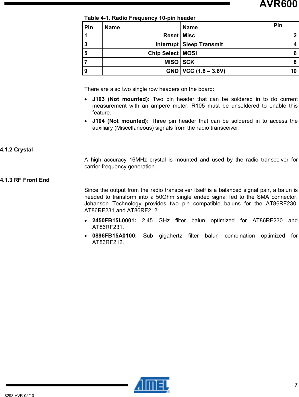   AVR600     7 8293-AVR-02/10 Table 4-1. Radio Frequency 10-pin header Pin  Name  Name  Pin 1  Reset Misc   2 3  Interrupt Sleep Transmit  4 5  Chip Select MOSI  6 7  MISO SCK  8 9  GND VCC (1.8 – 3.6V)  10  There are also two single row headers on the board: • J103  (Not  mounted):  Two  pin  header  that  can  be  soldered  in  to  do  current measurement  with  an  ampere  meter.  R105  must  be  unsoldered  to  enable  this feature. • J104  (Not  mounted):  Three  pin  header  that  can  be  soldered  in  to  access  the auxiliary (Miscellaneous) signals from the radio transceiver.  4.1.2 Crystal A  high  accuracy  16MHz  crystal  is  mounted  and  used  by  the  radio  transceiver  for carrier frequency generation. 4.1.3 RF Front End Since the output from the radio transceiver itself is a balanced signal pair, a balun is needed  to  transform  into  a  50Ohm  single  ended  signal  fed  to  the  SMA  connector. Johanson  Technology  provides  two  pin  compatible  baluns  for  the  AT86RF230, AT86RF231 and AT86RF212: • 2450FB15L0001:  2.45  GHz  filter  balun  optimized  for  AT86RF230  and AT86RF231. • 0896FB15A0100:  Sub  gigahertz  filter  balun  combination  optimized  for AT86RF212. 