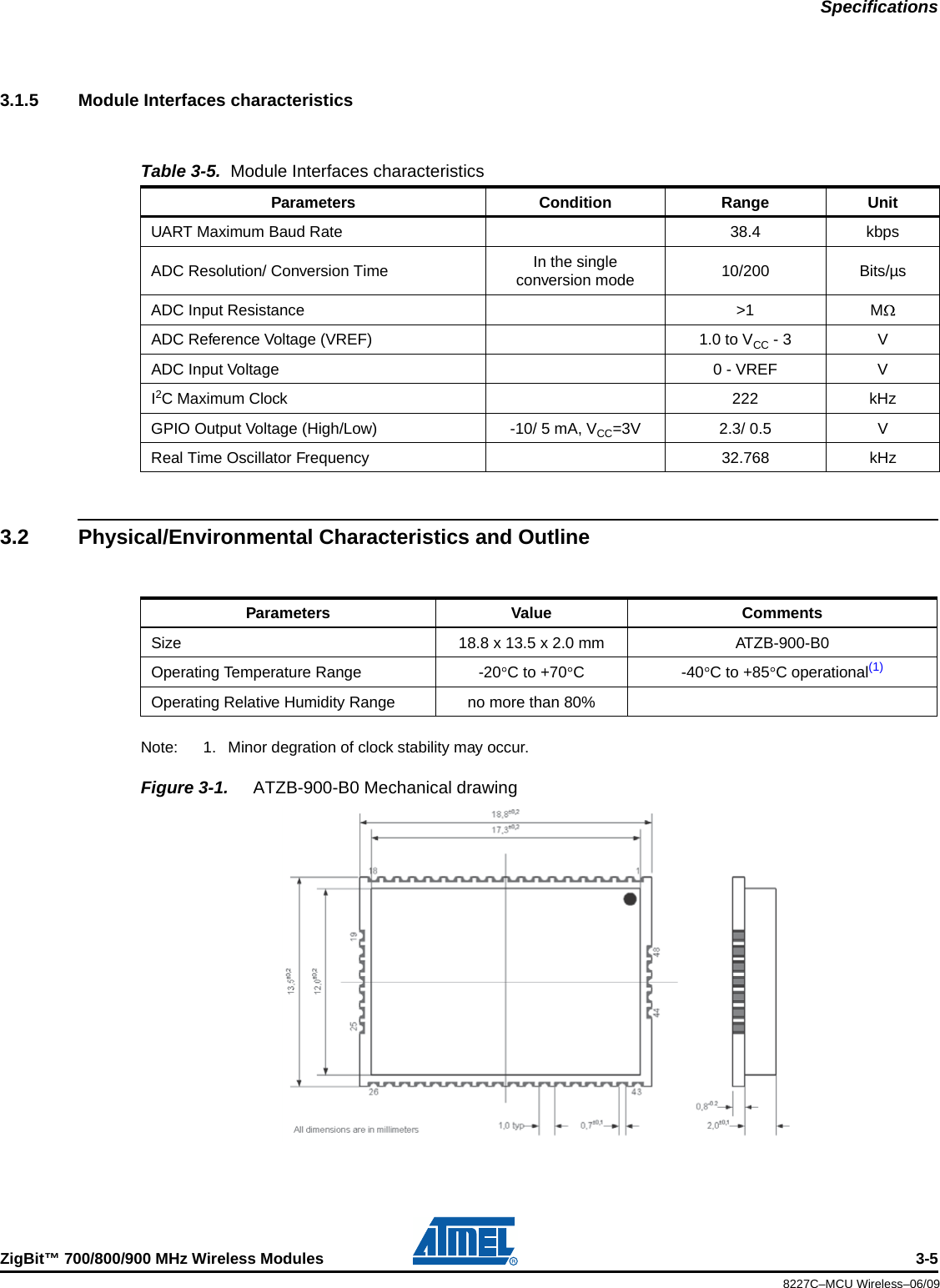 SpecificationsZigBit™ 700/800/900 MHz Wireless Modules 3-58227C–MCU Wireless–06/093.1.5 Module Interfaces characteristics3.2 Physical/Environmental Characteristics and OutlineNote: 1. Minor degration of clock stability may occur.Figure 3-1.  ATZB-900-B0 Mechanical drawingTable 3-5.  Module Interfaces characteristicsParameters Condition Range UnitUART Maximum Baud Rate 38.4 kbpsADC Resolution/ Conversion Time In the single conversion mode 10/200 Bits/µsADC Input Resistance &gt;1 MADC Reference Voltage (VREF) 1.0 to VCC -3 VADC Input Voltage 0 - VREF VI2C Maximum Clock 222 kHzGPIO Output Voltage (High/Low) -10/ 5 mA, VCC=3V 2.3/ 0.5 VReal Time Oscillator Frequency 32.768 kHzParameters Value CommentsSize 18.8 x 13.5 x 2.0 mm ATZB-900-B0Operating Temperature Range -20 C to +70 C-40C to +85 C operational(1)Operating Relative Humidity Range no more than 80%