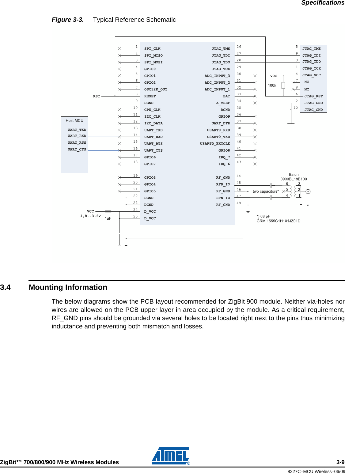 SpecificationsZigBit™ 700/800/900 MHz Wireless Modules 3-98227C–MCU Wireless–06/09Figure 3-3.  Typical Reference Schematic3.4 Mounting InformationThe below diagrams show the PCB layout recommended for ZigBit 900 module. Neither via-holes norwires are allowed on the PCB upper layer in area occupied by the module. As a critical requirement,RF_GND pins should be grounded via several holes to be located right next to the pins thus minimizinginductance and preventing both mismatch and losses.