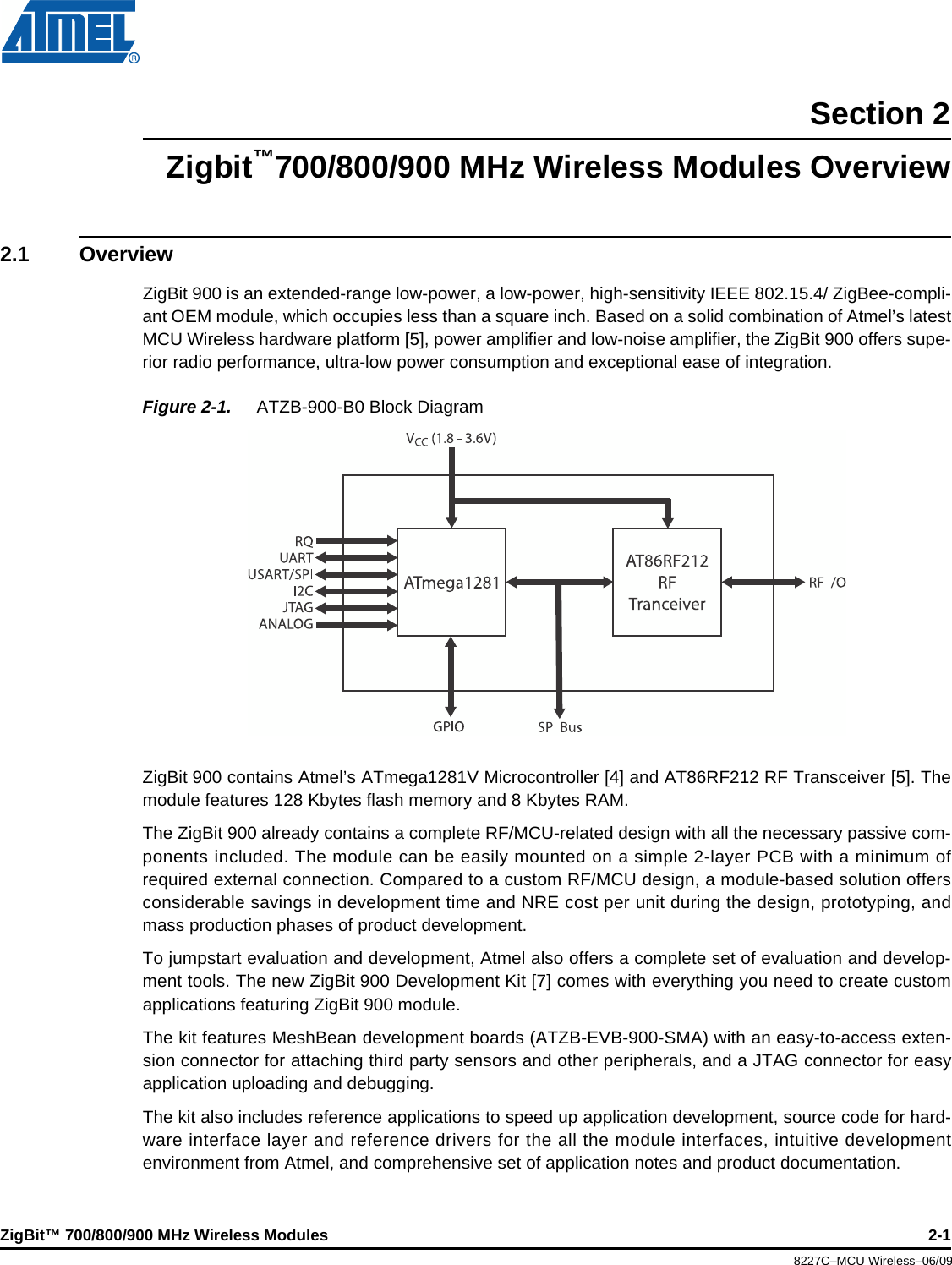 ZigBit™ 700/800/900 MHz Wireless Modules 2-18227C–MCU Wireless–06/09Section 2Zigbit™700/800/900 MHz Wireless Modules Overview2.1 OverviewZigBit 900 is an extended-range low-power, a low-power, high-sensitivity IEEE 802.15.4/ ZigBee-compli-ant OEM module, which occupies less than a square inch. Based on a solid combination of Atmel’s latestMCU Wireless hardware platform [5], power amplifier and low-noise amplifier, the ZigBit 900 offers supe-rior radio performance, ultra-low power consumption and exceptional ease of integration.Figure 2-1.  ATZB-900-B0 Block DiagramZigBit 900 contains Atmel’s ATmega1281V Microcontroller [4] and AT86RF212 RF Transceiver [5]. Themodule features 128 Kbytes flash memory and 8 Kbytes RAM.The ZigBit 900 already contains a complete RF/MCU-related design with all the necessary passive com-ponents included. The module can be easily mounted on a simple 2-layer PCB with a minimum ofrequired external connection. Compared to a custom RF/MCU design, a module-based solution offersconsiderable savings in development time and NRE cost per unit during the design, prototyping, andmass production phases of product development.To jumpstart evaluation and development, Atmel also offers a complete set of evaluation and develop-ment tools. The new ZigBit 900 Development Kit [7] comes with everything you need to create customapplications featuring ZigBit 900 module.The kit features MeshBean development boards (ATZB-EVB-900-SMA) with an easy-to-access exten-sion connector for attaching third party sensors and other peripherals, and a JTAG connector for easyapplication uploading and debugging.The kit also includes reference applications to speed up application development, source code for hard-ware interface layer and reference drivers for the all the module interfaces, intuitive developmentenvironment from Atmel, and comprehensive set of application notes and product documentation.