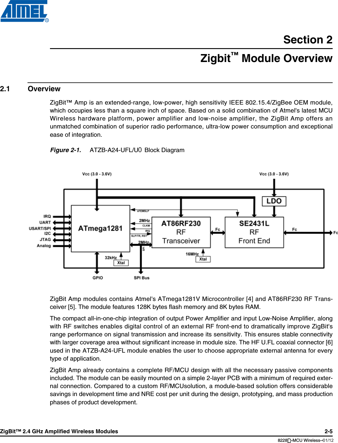 ZigBit™ 2.4 GHz Amplified Wireless Modules 2-58228B–MCU Wireless–06/09Section 2Zigbit™ Module Overview2.1 OverviewZigBit™ Amp is an extended-range, low-power, high sensitivity IEEE 802.15.4/ZigBee OEM module,which occupies less than a square inch of space. Based on a solid combination of Atmel&apos;s latest MCUWireless hardware platform, power amplifier and low-noise amplifier, the ZigBit Amp offers anunmatched combination of superior radio performance, ultra-low power consumption and exceptionalease of integration.Figure 2-1.  ATZB-A24-UFL/UN Block DiagramZigBit Amp modules contains Atmel&apos;s ATmega1281V Microcontroller [4] and AT86RF230 RF Trans-ceiver [5]. The module features 128K bytes flash memory and 8K bytes RAM.The compact all-in-one-chip integration of output Power Amplifier and input Low-Noise Amplifier, alongwith RF switches enables digital control of an external RF front-end to dramatically improve ZigBit&apos;srange performance on signal transmission and increase its sensitivity. This ensures stable connectivitywith larger coverage area without significant increase in module size. The HF U.FL coaxial connector [6]used in the ATZB-A24-UFL module enables the user to choose appropriate external antenna for everytype of application.ZigBit Amp already contains a complete RF/MCU design with all the necessary passive componentsincluded. The module can be easily mounted on a simple 2-layer PCB with a minimum of required exter-nal connection. Compared to a custom RF/MCUsolution, a module-based solution offers considerablesavings in development time and NRE cost per unit during the design, prototyping, and mass productionphases of product development.ATmega1281AT86RF230RFTransceiverVCC (1.8 - 3.6V)GPIO SPI BusIRQUARTUSART/SPII2CJTAGANALOGSW SWLNAPARFI/OAntenna001/12D