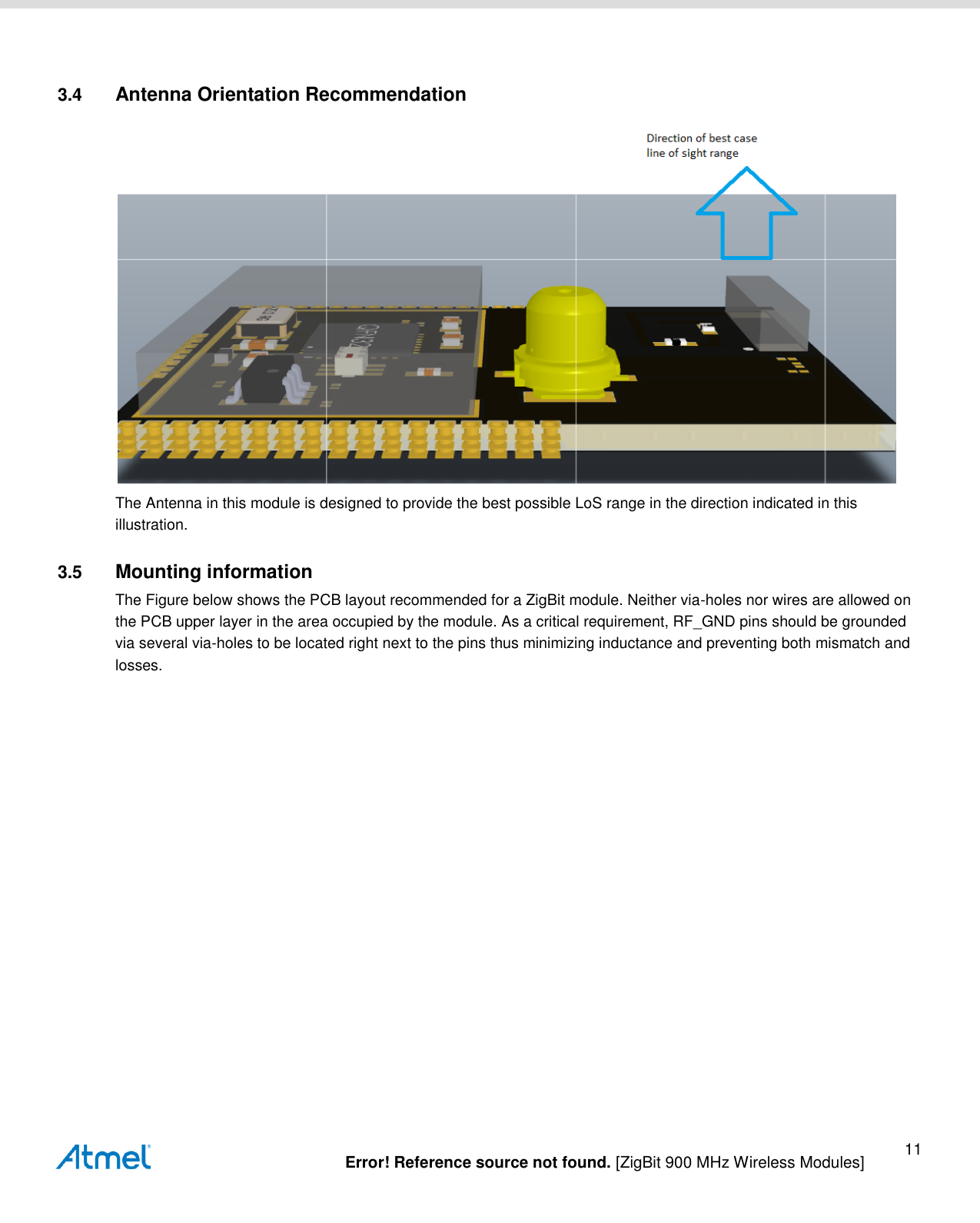   Error! Reference source not found. [ZigBit 900 MHz Wireless Modules] 11  3.4  Antenna Orientation Recommendation  The Antenna in this module is designed to provide the best possible LoS range in the direction indicated in this illustration. 3.5  Mounting information The Figure below shows the PCB layout recommended for a ZigBit module. Neither via-holes nor wires are allowed on the PCB upper layer in the area occupied by the module. As a critical requirement, RF_GND pins should be grounded via several via-holes to be located right next to the pins thus minimizing inductance and preventing both mismatch and losses. 