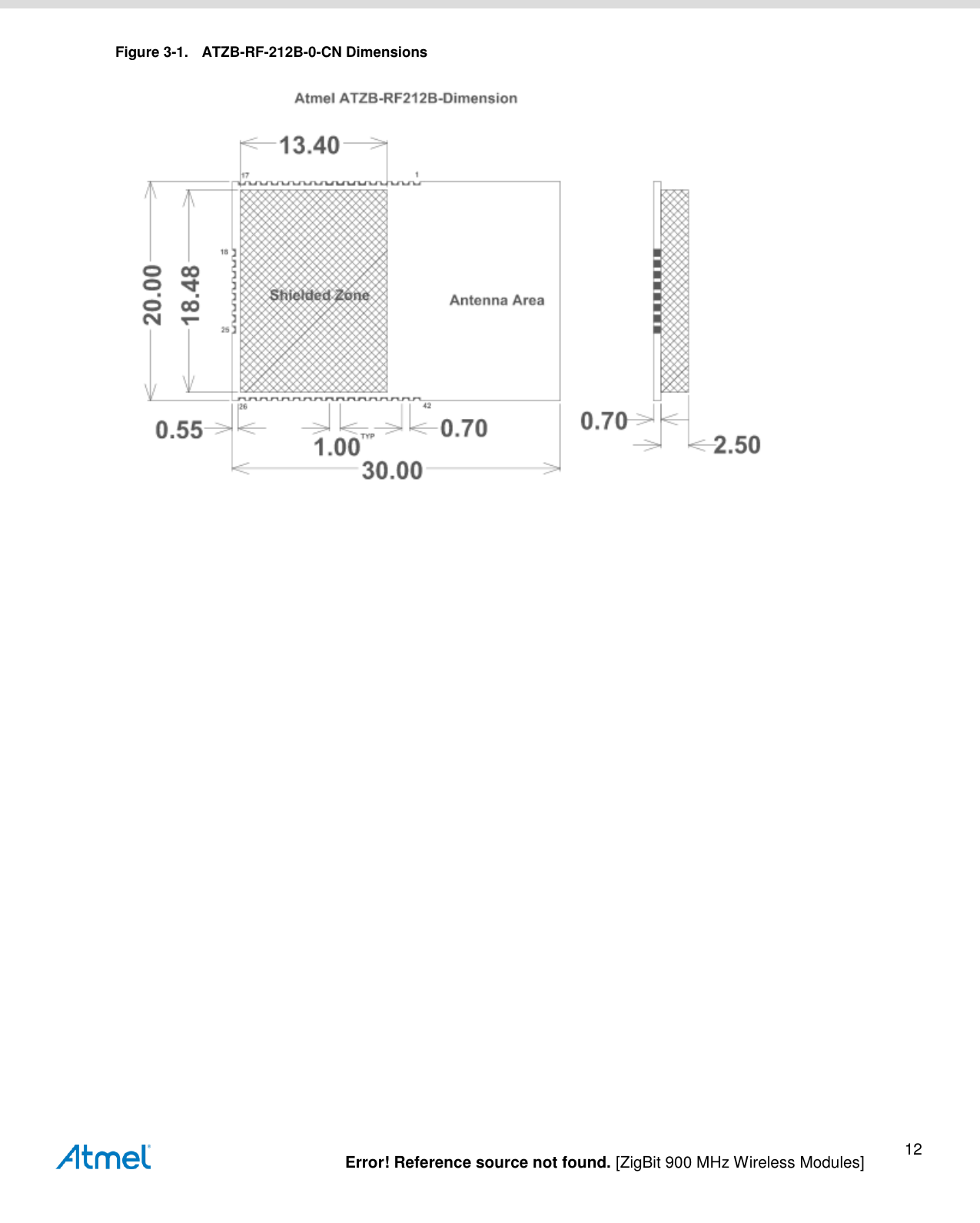   Error! Reference source not found. [ZigBit 900 MHz Wireless Modules] 12 Figure 3-1.  ATZB-RF-212B-0-CN Dimensions  