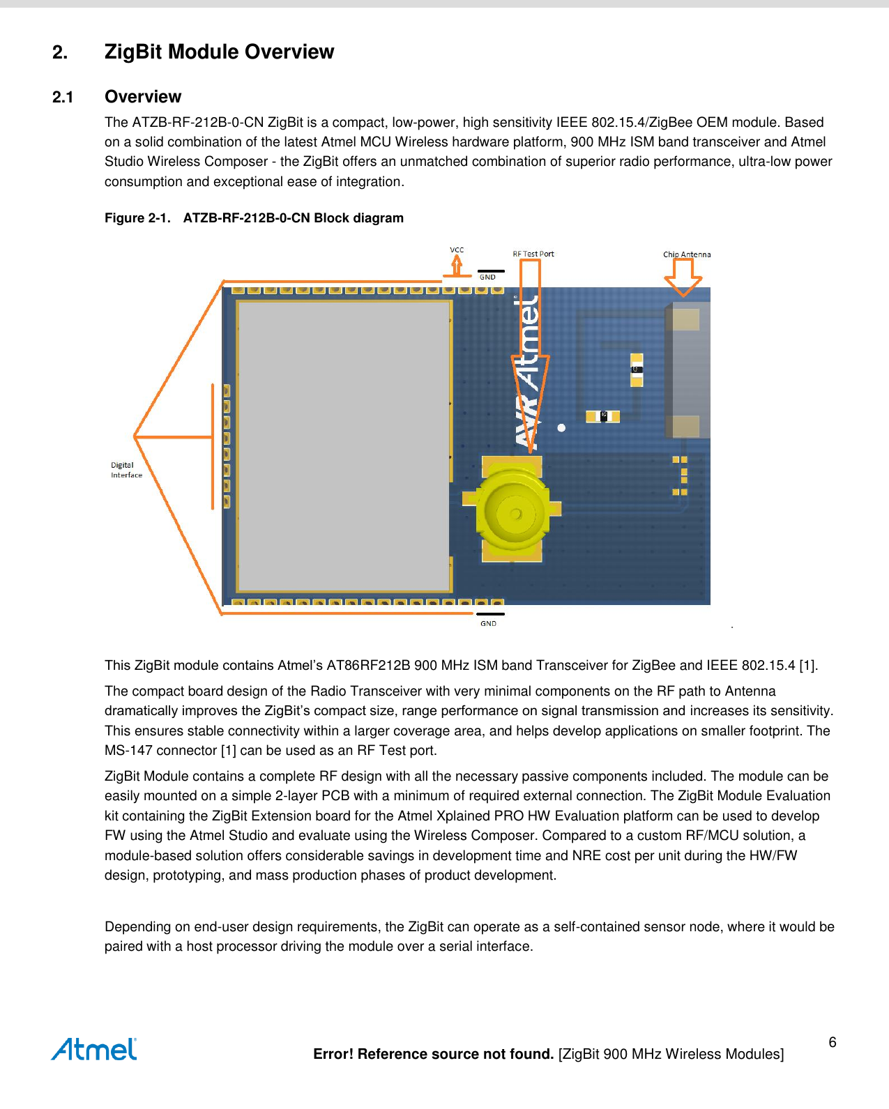   Error! Reference source not found. [ZigBit 900 MHz Wireless Modules] 6 2. ZigBit Module Overview 2.1  Overview The ATZB-RF-212B-0-CN ZigBit is a compact, low-power, high sensitivity IEEE 802.15.4/ZigBee OEM module. Based on a solid combination of the latest Atmel MCU Wireless hardware platform, 900 MHz ISM band transceiver and Atmel Studio Wireless Composer - the ZigBit offers an unmatched combination of superior radio performance, ultra-low power consumption and exceptional ease of integration. Figure 2-1.  ATZB-RF-212B-0-CN Block diagram . This ZigBit module contains Atmel’s AT86RF212B 900 MHz ISM band Transceiver for ZigBee and IEEE 802.15.4 [1].  The compact board design of the Radio Transceiver with very minimal components on the RF path to Antenna dramatically improves the ZigBit’s compact size, range performance on signal transmission and increases its sensitivity. This ensures stable connectivity within a larger coverage area, and helps develop applications on smaller footprint. The MS-147 connector [1] can be used as an RF Test port. ZigBit Module contains a complete RF design with all the necessary passive components included. The module can be easily mounted on a simple 2-layer PCB with a minimum of required external connection. The ZigBit Module Evaluation kit containing the ZigBit Extension board for the Atmel Xplained PRO HW Evaluation platform can be used to develop FW using the Atmel Studio and evaluate using the Wireless Composer. Compared to a custom RF/MCU solution, a module-based solution offers considerable savings in development time and NRE cost per unit during the HW/FW design, prototyping, and mass production phases of product development.   Depending on end-user design requirements, the ZigBit can operate as a self-contained sensor node, where it would be paired with a host processor driving the module over a serial interface.   