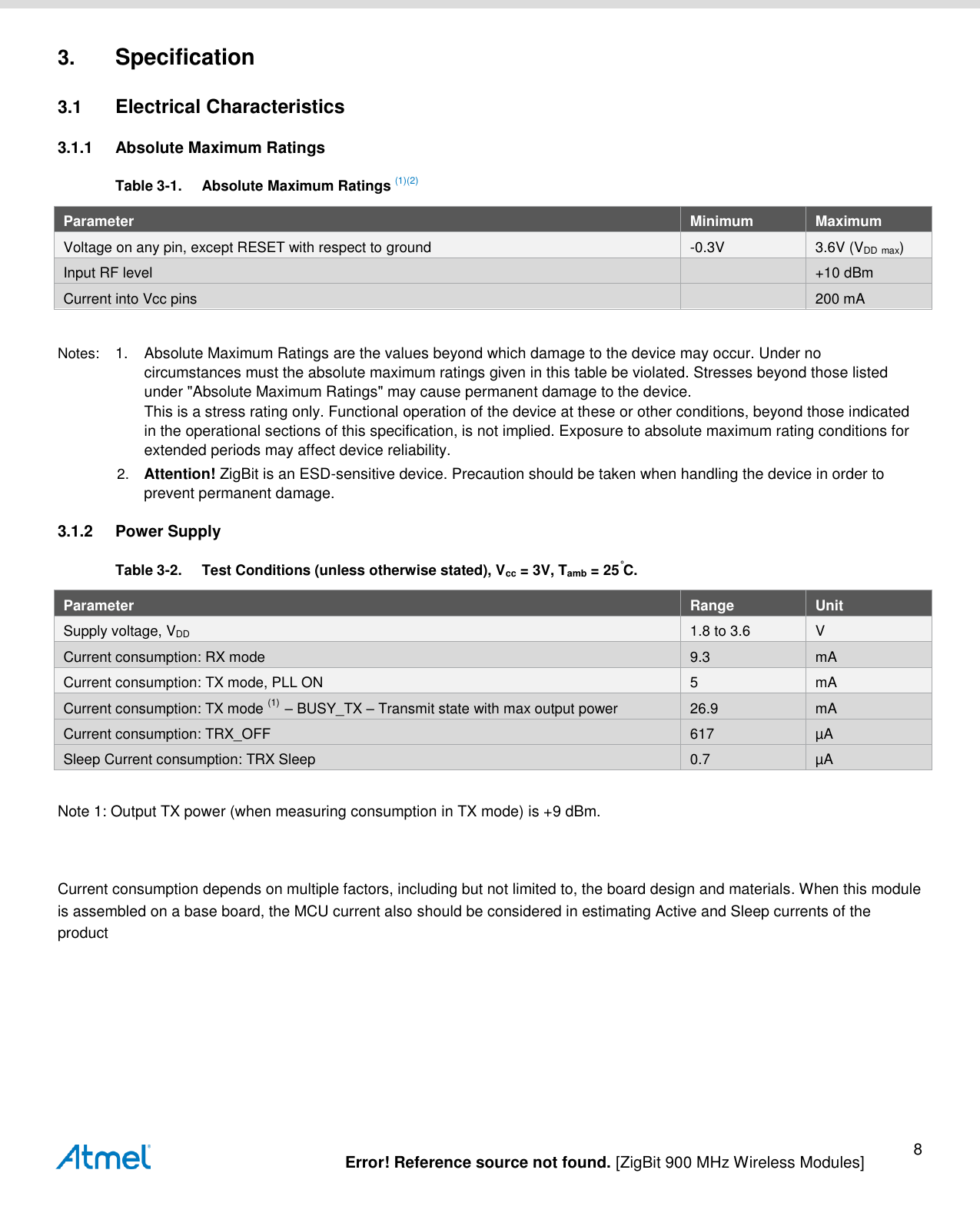   Error! Reference source not found. [ZigBit 900 MHz Wireless Modules] 8 3. Specification 3.1  Electrical Characteristics 3.1.1  Absolute Maximum Ratings Table 3-1.  Absolute Maximum Ratings (1)(2) Parameter Minimum Maximum Voltage on any pin, except RESET with respect to ground -0.3V 3.6V (VDD max) Input RF level  +10 dBm Current into Vcc pins  200 mA  Notes:  1.  Absolute Maximum Ratings are the values beyond which damage to the device may occur. Under no circumstances must the absolute maximum ratings given in this table be violated. Stresses beyond those listed under &quot;Absolute Maximum Ratings&quot; may cause permanent damage to the device. This is a stress rating only. Functional operation of the device at these or other conditions, beyond those indicated in the operational sections of this specification, is not implied. Exposure to absolute maximum rating conditions for extended periods may affect device reliability.  2. Attention! ZigBit is an ESD-sensitive device. Precaution should be taken when handling the device in order to prevent permanent damage. 3.1.2  Power Supply Table 3-2.  Test Conditions (unless otherwise stated), Vcc = 3V, Tamb = 25°C. Parameter Range Unit Supply voltage, VDD 1.8 to 3.6 V Current consumption: RX mode   9.3 mA Current consumption: TX mode, PLL ON 5 mA Current consumption: TX mode (1)  – BUSY_TX – Transmit state with max output power 26.9 mA Current consumption: TRX_OFF 617 µA Sleep Current consumption: TRX Sleep 0.7 µA  Note 1: Output TX power (when measuring consumption in TX mode) is +9 dBm.   Current consumption depends on multiple factors, including but not limited to, the board design and materials. When this module is assembled on a base board, the MCU current also should be considered in estimating Active and Sleep currents of the product 