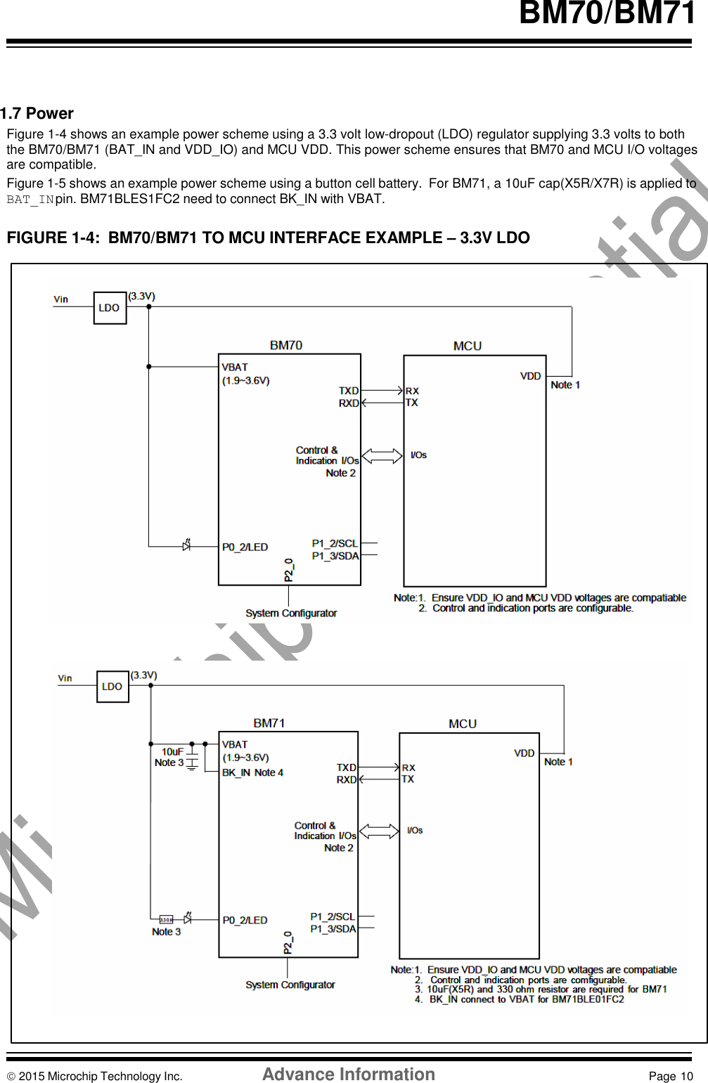    BM70/BM71    1.7 Power Figure 1-4 shows an example power scheme using a 3.3 volt low-dropout (LDO) regulator supplying 3.3 volts to both the BM70/BM71 (BAT_IN and VDD_IO) and MCU VDD. This power scheme ensures that BM70 and MCU I/O voltages are compatible. Figure 1-5 shows an example power scheme using a button cell battery.  For BM71, a 10uF cap(X5R/X7R) is applied to BAT_IN pin. BM71BLES1FC2 need to connect BK_IN with VBAT.  FIGURE 1-4:  BM70/BM71 TO MCU INTERFACE EXAMPLE – 3.3V LDO                                       2015 Microchip Technology Inc.  Advance Information  Page 10
