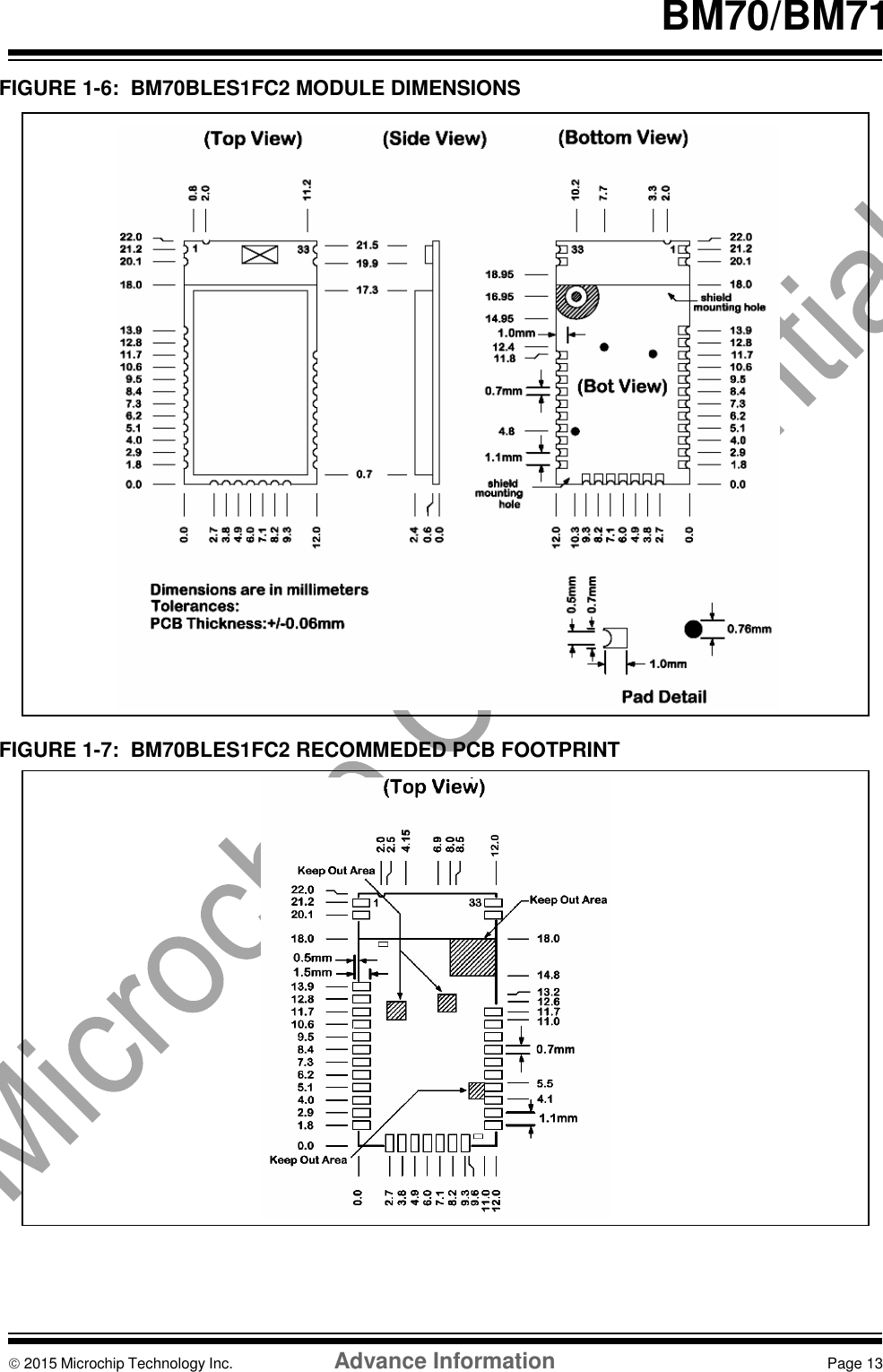    BM70/BM71  FIGURE 1-6:  BM70BLES1FC2 MODULE DIMENSIONS                            FIGURE 1-7:  BM70BLES1FC2 RECOMMEDED PCB FOOTPRINT                       2015 Microchip Technology Inc.  Advance Information  Page 13