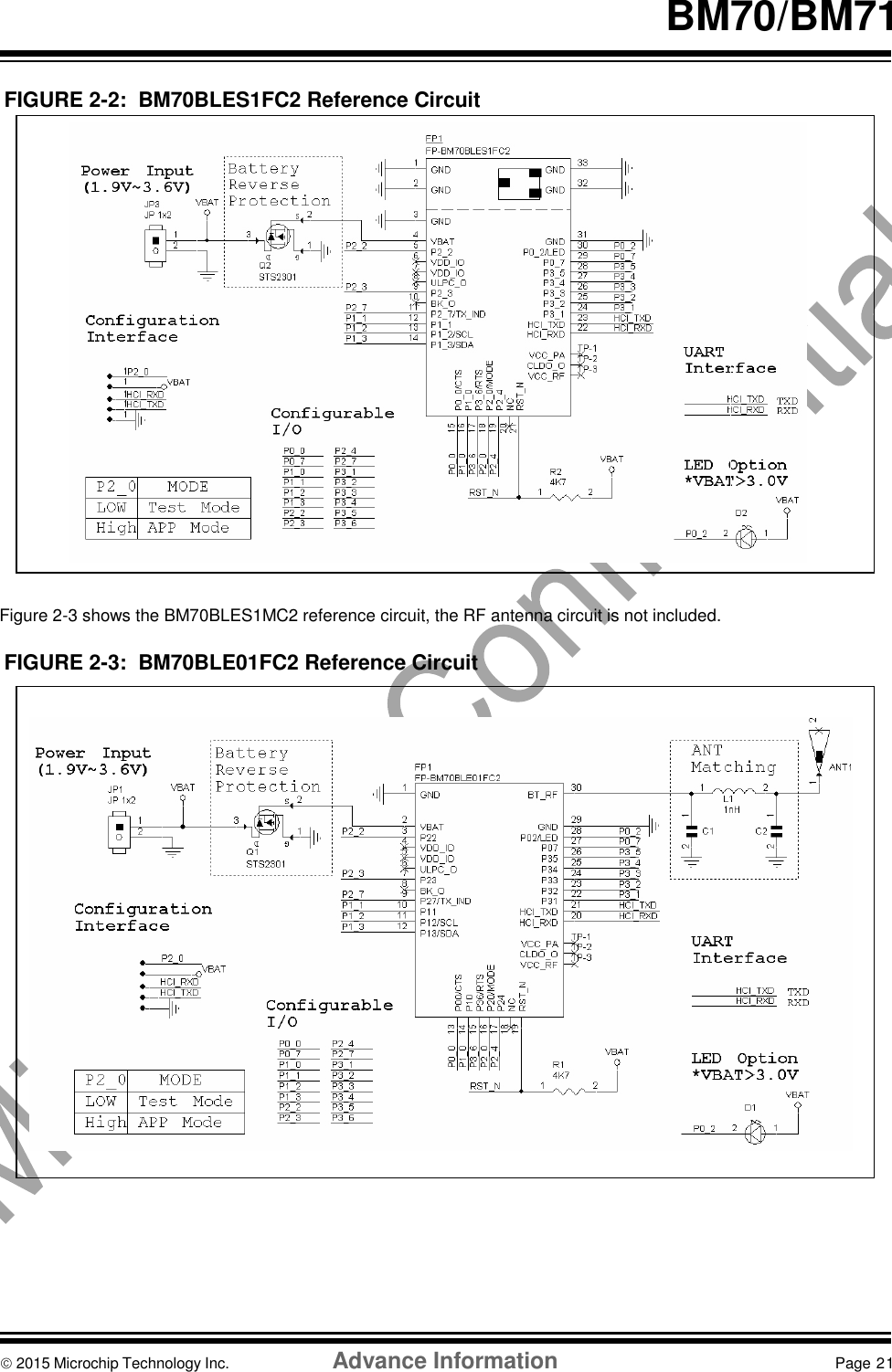    BM70/BM71   FIGURE 2-2:  BM70BLES1FC2 Reference Circuit                     Figure 2-3 shows the BM70BLES1MC2 reference circuit, the RF antenna circuit is not included.  FIGURE 2-3:  BM70BLE01FC2 Reference Circuit                          2015 Microchip Technology Inc.  Advance Information  Page 21    