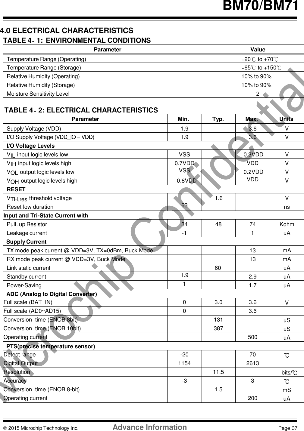    BM70/BM71  4.0 ELECTRICAL CHARACTERISTICS TABLE 4‐1: ENVIRONMENTAL CONDITIONS Parameter Value Temperature Range (Operating) -20℃ to +70℃ Temperature Range (Storage) -65℃ to +150℃ Relative Humidity (Operating) 10% to 90% Relative Humidity (Storage) 10% to 90% Moisture Sensitivity Level 2  TABLE 4‐2: ELECTRICAL CHARACTERISTICS Parameter Min. Typ. Max. Units Supply Voltage (VDD) 1.9  3.6 V I/O Supply Voltage (VDD_IO = VDD) 1.9  3.6 V I/O Voltage Levels  ) VIL input logic levels low VSS  0.3VDD V VIH input logic levels high 0.7VDD  VDD V VOL output logic levels low VSS  0.2VDD V VOH output logic levels high 0.8VDD  VDD V RESET VTH,res threshold voltage  1.6  V Reset low duration 63   ns Input and Tri-State Current with Pull-up Resistor 34 48 74 Kohm Leakage current -1  1 uA Supply Current TX mode peak current @ VDD=3V, TX=0dBm, Buck Mode   13 mA RX mode peak current @ VDD=3V, Buck Mode   13 mA Link static current  60  uA Standby current 1.9  2.9 uA Power-Saving 1  1.7 uA ADC (Analog to Digital Converter) Full scale (BAT_IN) 0 3.0 3.6 V Full scale (AD0~AD15) 0  3.6  Conversion  time (ENOB 8bit)  131  uS Conversion  time (ENOB 10bit)  387  uS Operating current   500 uA PTS(precise temperature sensor) Detect range -20  70 ℃ Digital Output 1154  2613  Resolution  11.5   bits/℃ Accuracy -3  3 ℃ Conversion  time (ENOB 8-bit)  1.5  mS Operating current   200 uA   2015 Microchip Technology Inc.  Advance Information  Page 37   
