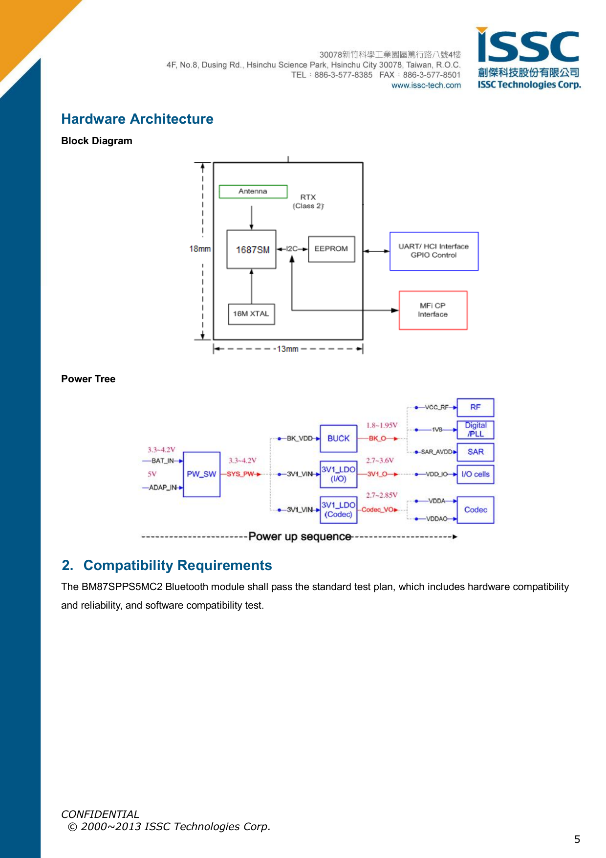  CONFIDENTIAL © 2000~2013 ISSC Technologies Corp. 5 Hardware Architecture Block Diagram  Power Tree  2.  Compatibility Requirements The BM87SPPS5MC2 Bluetooth module shall pass the standard test plan, which includes hardware compatibility and reliability, and software compatibility test.  