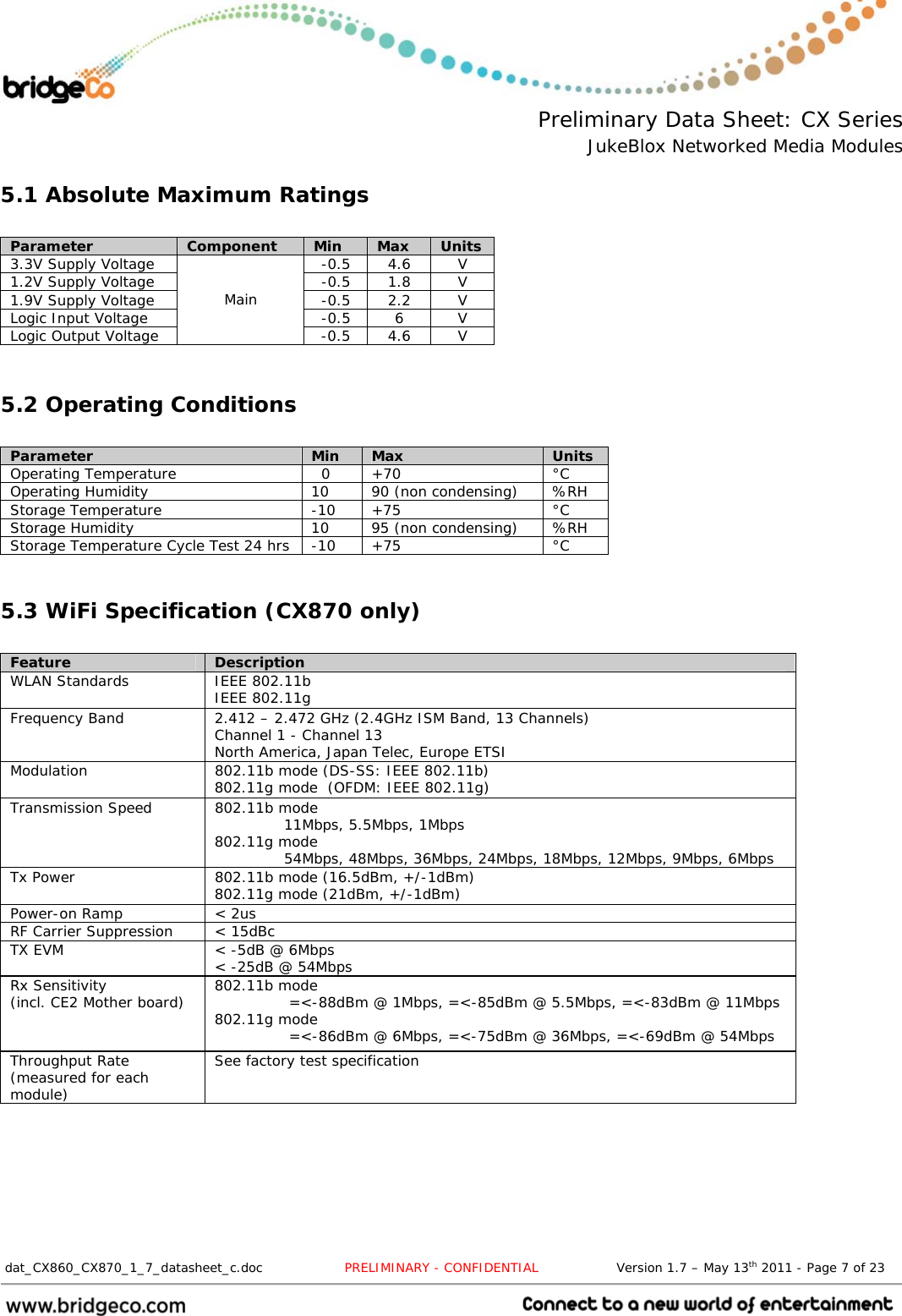  Preliminary Data Sheet: CX Series JukeBlox Networked Media Modules  dat_CX860_CX870_1_7_datasheet_c.doc                   PRELIMINARY - CONFIDENTIAL                  Version 1.7 – May 13th 2011 - Page 7 of 23                                 5.1 Absolute Maximum Ratings  Parameter  Component  Min  Max  Units 3.3V Supply Voltage  -0.5  4.6  V 1.2V Supply Voltage  -0.5  1.8  V 1.9V Supply Voltage  -0.5  2.2  V Logic Input Voltage  -0.5  6  V Logic Output Voltage Main -0.5 4.6  V  5.2 Operating Conditions  Parameter  Min  Max  Units Operating Temperature    0  +70  °C Operating Humidity  10  90 (non condensing)  %RH Storage Temperature  -10  +75  °C Storage Humidity  10  95 (non condensing)  %RH Storage Temperature Cycle Test 24 hrs  -10  +75  °C  5.3 WiFi Specification (CX870 only)  Feature  Description WLAN Standards  IEEE 802.11b IEEE 802.11g Frequency Band  2.412 – 2.472 GHz (2.4GHz ISM Band, 13 Channels) Channel 1 - Channel 13 North America, Japan Telec, Europe ETSI Modulation  802.11b mode (DS-SS: IEEE 802.11b) 802.11g mode  (OFDM: IEEE 802.11g) Transmission Speed  802.11b mode               11Mbps, 5.5Mbps, 1Mbps 802.11g mode               54Mbps, 48Mbps, 36Mbps, 24Mbps, 18Mbps, 12Mbps, 9Mbps, 6Mbps Tx Power  802.11b mode (16.5dBm, +/-1dBm) 802.11g mode (21dBm, +/-1dBm) Power-on Ramp  &lt; 2us RF Carrier Suppression  &lt; 15dBc TX EVM  &lt; -5dB @ 6Mbps &lt; -25dB @ 54Mbps Rx Sensitivity  (incl. CE2 Mother board)  802.11b mode                =&lt;-88dBm @ 1Mbps, =&lt;-85dBm @ 5.5Mbps, =&lt;-83dBm @ 11Mbps 802.11g mode                =&lt;-86dBm @ 6Mbps, =&lt;-75dBm @ 36Mbps, =&lt;-69dBm @ 54Mbps Throughput Rate (measured for each module) See factory test specification  