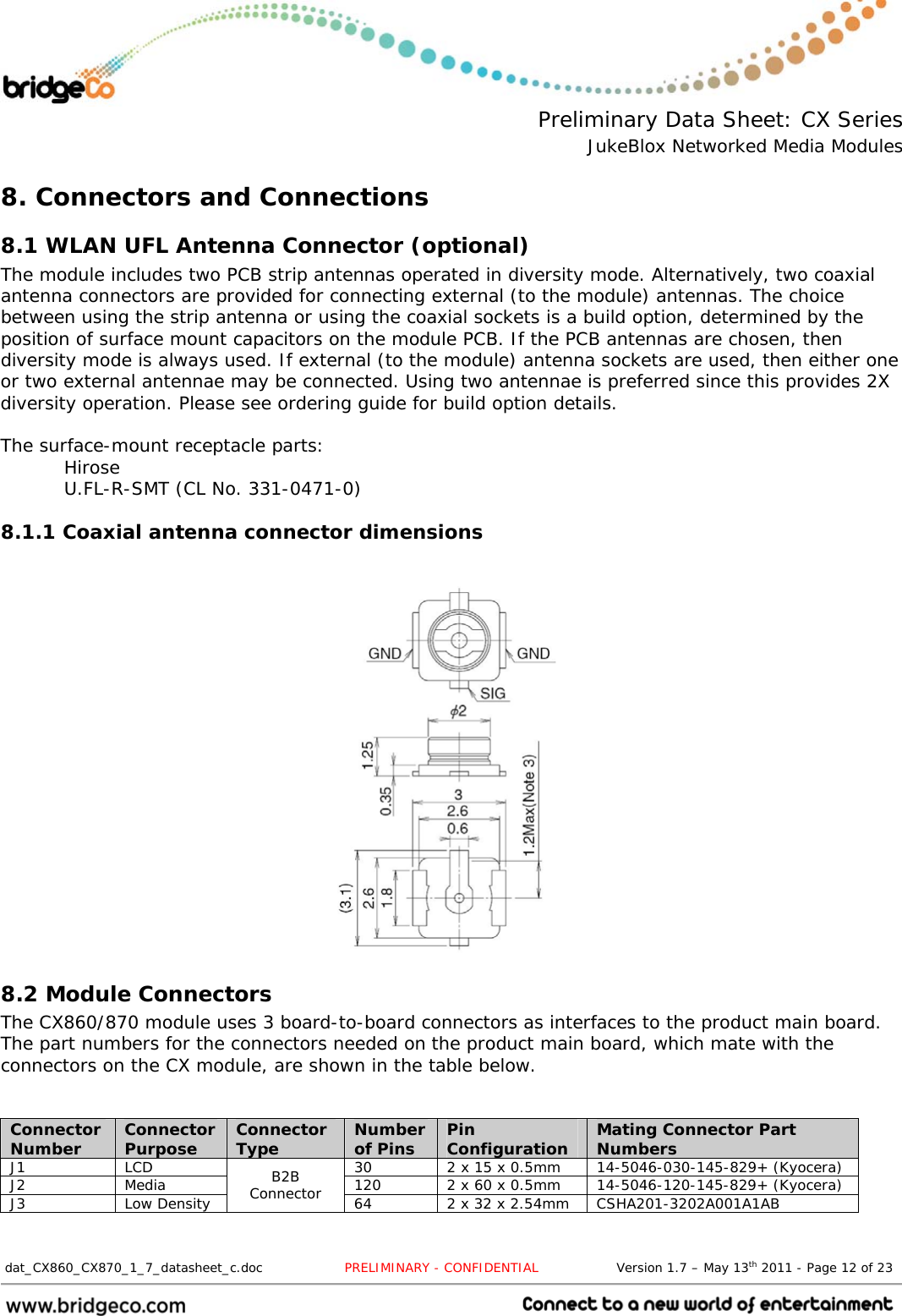  Preliminary Data Sheet: CX Series JukeBlox Networked Media Modules  dat_CX860_CX870_1_7_datasheet_c.doc                   PRELIMINARY - CONFIDENTIAL                  Version 1.7 – May 13th 2011 - Page 12 of 23                                 8. Connectors and Connections 8.1 WLAN UFL Antenna Connector (optional) The module includes two PCB strip antennas operated in diversity mode. Alternatively, two coaxial antenna connectors are provided for connecting external (to the module) antennas. The choice between using the strip antenna or using the coaxial sockets is a build option, determined by the position of surface mount capacitors on the module PCB. If the PCB antennas are chosen, then diversity mode is always used. If external (to the module) antenna sockets are used, then either one or two external antennae may be connected. Using two antennae is preferred since this provides 2X diversity operation. Please see ordering guide for build option details.  The surface-mount receptacle parts:  Hirose   U.FL-R-SMT (CL No. 331-0471-0) 8.1.1 Coaxial antenna connector dimensions                  8.2 Module Connectors The CX860/870 module uses 3 board-to-board connectors as interfaces to the product main board. The part numbers for the connectors needed on the product main board, which mate with the connectors on the CX module, are shown in the table below.   Connector Number  Connector Purpose  Connector Type  Number of Pins  Pin Configuration  Mating Connector Part Numbers J1  LCD  30  2 x 15 x 0.5mm  14-5046-030-145-829+ (Kyocera) J2  Media  120  2 x 60 x 0.5mm  14-5046-120-145-829+ (Kyocera) J3 Low Density B2B Connector  64  2 x 32 x 2.54mm  CSHA201-3202A001A1AB  