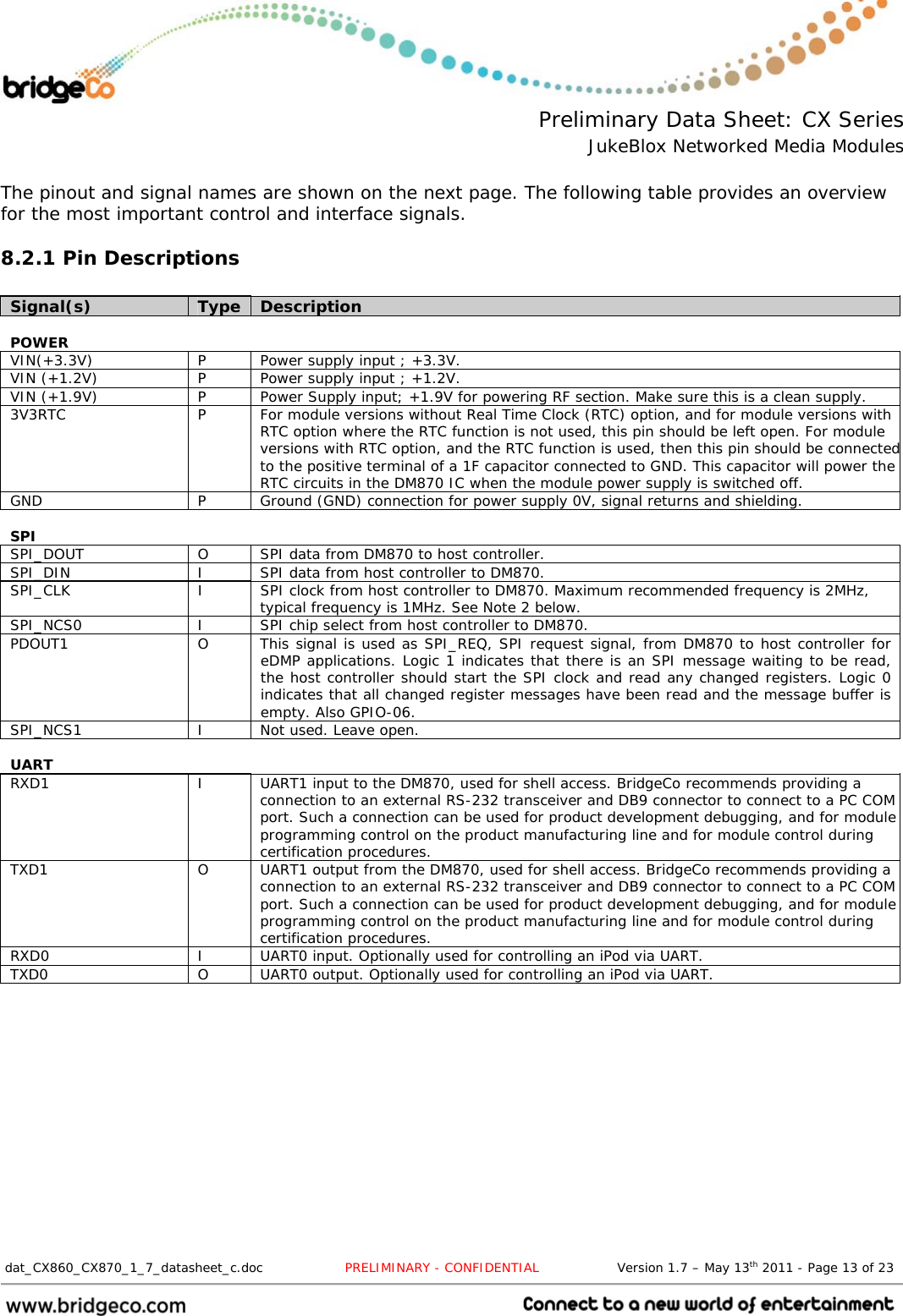  Preliminary Data Sheet: CX Series JukeBlox Networked Media Modules  dat_CX860_CX870_1_7_datasheet_c.doc                   PRELIMINARY - CONFIDENTIAL                  Version 1.7 – May 13th 2011 - Page 13 of 23                                  The pinout and signal names are shown on the next page. The following table provides an overview for the most important control and interface signals. 8.2.1 Pin Descriptions  Signal(s)  Type  Description  POWER    VIN(+3.3V)  P  Power supply input ; +3.3V. VIN (+1.2V)  P  Power supply input ; +1.2V. VIN (+1.9V)  P  Power Supply input; +1.9V for powering RF section. Make sure this is a clean supply. 3V3RTC  P  For module versions without Real Time Clock (RTC) option, and for module versions with RTC option where the RTC function is not used, this pin should be left open. For module versions with RTC option, and the RTC function is used, then this pin should be connectedto the positive terminal of a 1F capacitor connected to GND. This capacitor will power the RTC circuits in the DM870 IC when the module power supply is switched off. GND P Ground (GND) connection for power supply 0V, signal returns and shielding.  SPI    SPI_DOUT  O  SPI data from DM870 to host controller. SPI_DIN  I  SPI data from host controller to DM870. SPI_CLK  I  SPI clock from host controller to DM870. Maximum recommended frequency is 2MHz, typical frequency is 1MHz. See Note 2 below. SPI_NCS0  I  SPI chip select from host controller to DM870. PDOUT1  O  This signal is used as SPI_REQ, SPI request signal, from DM870 to host controller for eDMP applications. Logic 1 indicates that there is an SPI message waiting to be read, the host controller should start the SPI clock and read any changed registers. Logic 0 indicates that all changed register messages have been read and the message buffer is empty. Also GPIO-06. SPI_NCS1  I  Not used. Leave open.  UART    RXD1  I  UART1 input to the DM870, used for shell access. BridgeCo recommends providing a connection to an external RS-232 transceiver and DB9 connector to connect to a PC COM port. Such a connection can be used for product development debugging, and for module programming control on the product manufacturing line and for module control during certification procedures. TXD1  O  UART1 output from the DM870, used for shell access. BridgeCo recommends providing a connection to an external RS-232 transceiver and DB9 connector to connect to a PC COM port. Such a connection can be used for product development debugging, and for module programming control on the product manufacturing line and for module control during certification procedures. RXD0  I  UART0 input. Optionally used for controlling an iPod via UART. TXD0  O  UART0 output. Optionally used for controlling an iPod via UART. 