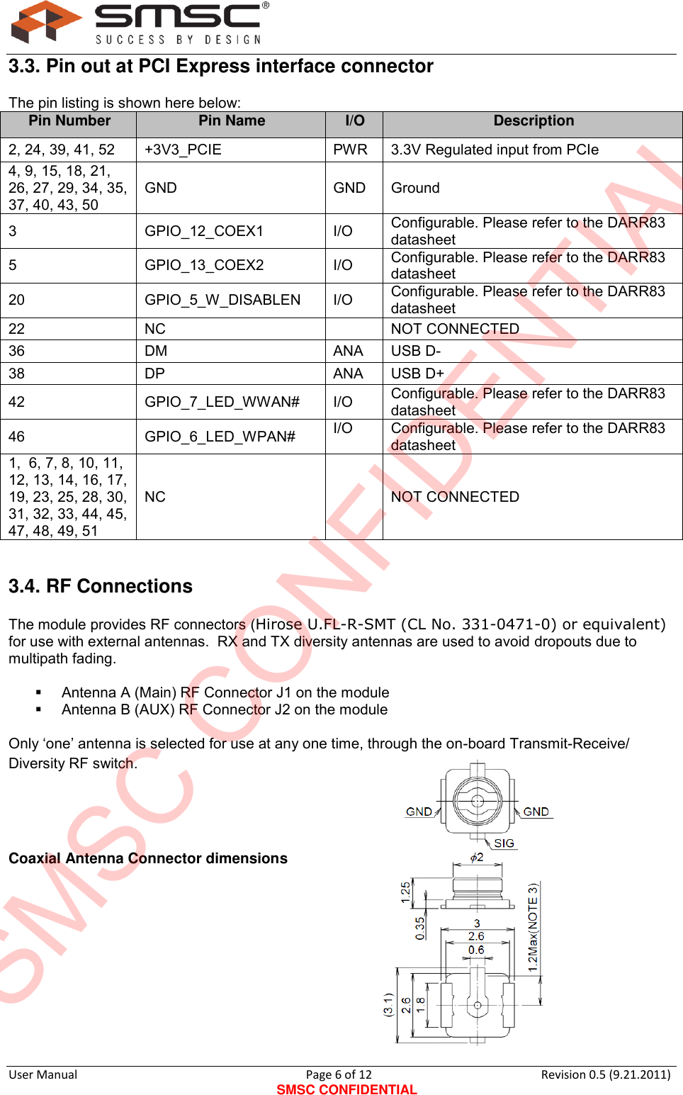      User Manual                                      Page 6 of 12 SMSC CONFIDENTIAL Revision 0.5 (9.21.2011)  3.3. Pin out at PCI Express interface connector  The pin listing is shown here below: Pin Number Pin Name I/O Description 2, 24, 39, 41, 52 +3V3_PCIE PWR 3.3V Regulated input from PCIe 4, 9, 15, 18, 21, 26, 27, 29, 34, 35, 37, 40, 43, 50 GND GND Ground 3 GPIO_12_COEX1 I/O Configurable. Please refer to the DARR83 datasheet 5 GPIO_13_COEX2 I/O Configurable. Please refer to the DARR83 datasheet 20 GPIO_5_W_DISABLEN I/O Configurable. Please refer to the DARR83 datasheet 22 NC  NOT CONNECTED 36 DM ANA USB D- 38 DP ANA USB D+ 42 GPIO_7_LED_WWAN# I/O Configurable. Please refer to the DARR83 datasheet 46 GPIO_6_LED_WPAN# I/O  Configurable. Please refer to the DARR83 datasheet 1,  6, 7, 8, 10, 11, 12, 13, 14, 16, 17, 19, 23, 25, 28, 30, 31, 32, 33, 44, 45, 47, 48, 49, 51 NC  NOT CONNECTED 3.4. RF Connections  The module provides RF connectors (Hirose U.FL-R-SMT (CL No. 331-0471-0) or equivalent) for use with external antennas.  RX and TX diversity antennas are used to avoid dropouts due to multipath fading.    Antenna A (Main) RF Connector J1 on the module    Antenna B (AUX) RF Connector J2 on the module  Only „one‟ antenna is selected for use at any one time, through the on-board Transmit-Receive/ Diversity RF switch.    Coaxial Antenna Connector dimensions          SMSC CONFIDENTIAL