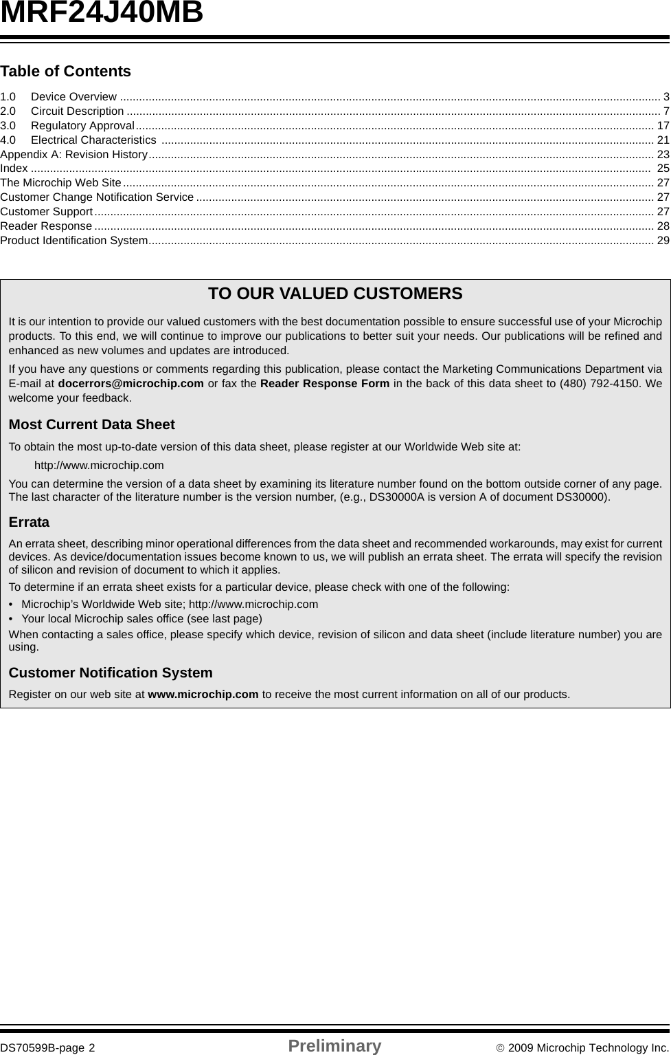 MRF24J40MBDS70599B-page 2 Preliminary © 2009 Microchip Technology Inc.Table of Contents 1.0 Device Overview .......................................................................................................................................................................... 32.0 Circuit Description ........................................................................................................................................................................ 73.0 Regulatory Approval................................................................................................................................................................... 174.0 Electrical Characteristics ........................................................................................................................................................... 21Appendix A: Revision History............................................................................................................................................................... 23Index ...................................................................................................................................................................................................  25The Microchip Web Site ....................................................................................................................................................................... 27Customer Change Notification Service ................................................................................................................................................ 27Customer Support ................................................................................................................................................................................ 27Reader Response ................................................................................................................................................................................ 28Product Identification System............................................................................................................................................................... 29TO OUR VALUED CUSTOMERSIt is our intention to provide our valued customers with the best documentation possible to ensure successful use of your Microchipproducts. To this end, we will continue to improve our publications to better suit your needs. Our publications will be refined andenhanced as new volumes and updates are introduced. If you have any questions or comments regarding this publication, please contact the Marketing Communications Department viaE-mail at docerrors@microchip.com or fax the Reader Response Form in the back of this data sheet to (480) 792-4150. Wewelcome your feedback.Most Current Data SheetTo obtain the most up-to-date version of this data sheet, please register at our Worldwide Web site at:http://www.microchip.comYou can determine the version of a data sheet by examining its literature number found on the bottom outside corner of any page.The last character of the literature number is the version number, (e.g., DS30000A is version A of document DS30000).ErrataAn errata sheet, describing minor operational differences from the data sheet and recommended workarounds, may exist for currentdevices. As device/documentation issues become known to us, we will publish an errata sheet. The errata will specify the revisionof silicon and revision of document to which it applies.To determine if an errata sheet exists for a particular device, please check with one of the following:• Microchip’s Worldwide Web site; http://www.microchip.com• Your local Microchip sales office (see last page)When contacting a sales office, please specify which device, revision of silicon and data sheet (include literature number) you areusing.Customer Notification SystemRegister on our web site at www.microchip.com to receive the most current information on all of our products.