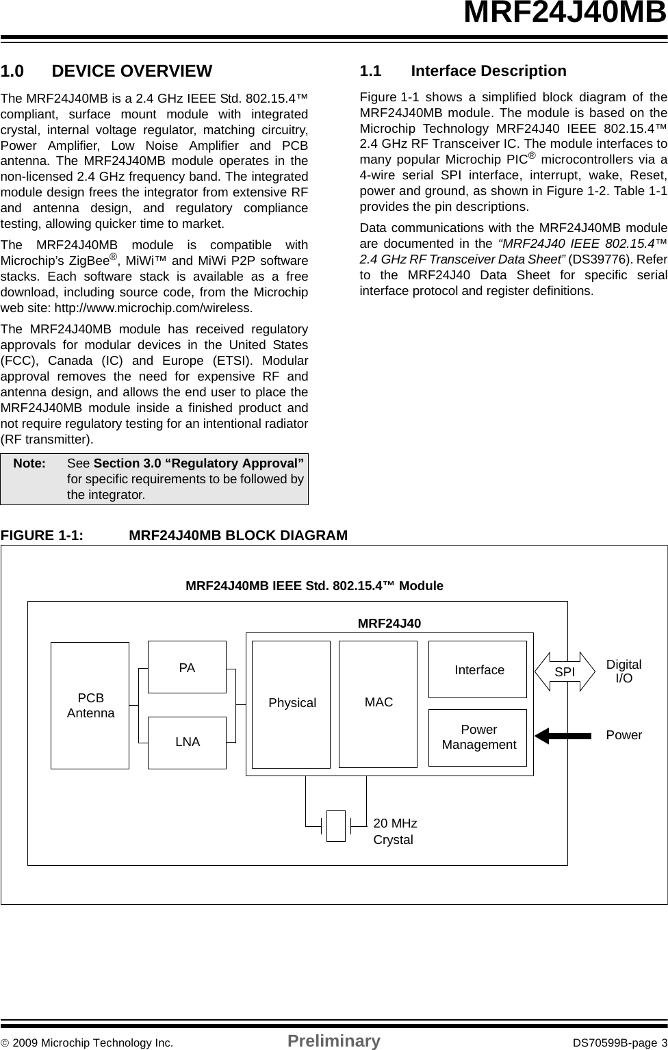 © 2009 Microchip Technology Inc. Preliminary DS70599B-page 3MRF24J40MB1.0 DEVICE OVERVIEWThe MRF24J40MB is a 2.4 GHz IEEE Std. 802.15.4™compliant, surface mount module with integratedcrystal, internal voltage regulator, matching circuitry,Power Amplifier, Low Noise Amplifier and PCBantenna. The MRF24J40MB module operates in thenon-licensed 2.4 GHz frequency band. The integratedmodule design frees the integrator from extensive RFand antenna design, and regulatory compliancetesting, allowing quicker time to market.The MRF24J40MB module is compatible withMicrochip’s ZigBee®, MiWi™ and MiWi P2P softwarestacks. Each software stack is available as a freedownload, including source code, from the Microchipweb site: http://www.microchip.com/wireless.The MRF24J40MB module has received regulatoryapprovals for modular devices in the United States(FCC), Canada (IC) and Europe (ETSI). Modularapproval removes the need for expensive RF andantenna design, and allows the end user to place theMRF24J40MB module inside a finished product andnot require regulatory testing for an intentional radiator(RF transmitter).1.1 Interface DescriptionFigure 1-1 shows a simplified block diagram of theMRF24J40MB module. The module is based on theMicrochip Technology MRF24J40 IEEE 802.15.4™2.4 GHz RF Transceiver IC. The module interfaces tomany popular Microchip PIC® microcontrollers via a4-wire serial SPI interface, interrupt, wake, Reset,power and ground, as shown in Figure 1-2. Table 1-1provides the pin descriptions.Data communications with the MRF24J40MB moduleare documented in the “MRF24J40 IEEE 802.15.4™2.4 GHz RF Transceiver Data Sheet” (DS39776). Referto the MRF24J40 Data Sheet for specific serialinterface protocol and register definitions.FIGURE 1-1: MRF24J40MB BLOCK DIAGRAMNote: See Section 3.0 “Regulatory Approval”for specific requirements to be followed bythe integrator.PCBAntennaPAPhysical MACInterfacePowerManagementSPI20 MHzCrystalDigitalI/OPowerMRF24J40MB IEEE Std. 802.15.4™ ModuleMRF24J40LNA