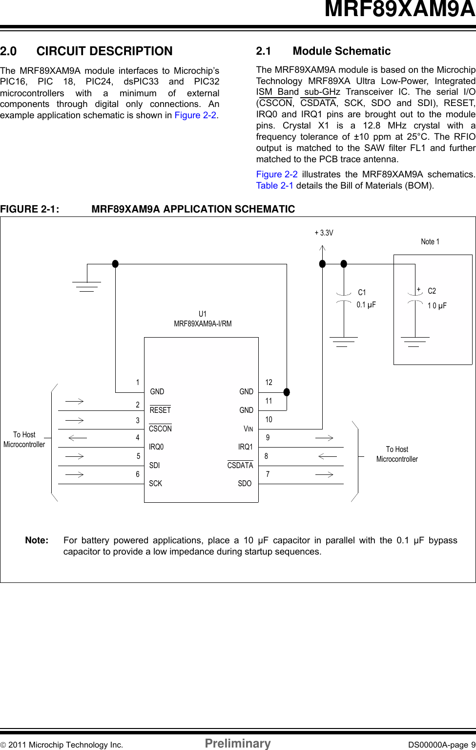 © 2011 Microchip Technology Inc. Preliminary DS00000A-page 9MRF89XAM9A2.0 CIRCUIT DESCRIPTIONThe MRF89XAM9A module interfaces to Microchip’sPIC16, PIC 18, PIC24, dsPIC33 and PIC32microcontrollers with a minimum of externalcomponents through digital only connections. Anexample application schematic is shown in Figure 2-2.2.1 Module SchematicThe MRF89XAM9A module is based on the MicrochipTechnology MRF89XA Ultra Low-Power, IntegratedISM Band sub-GHz Transceiver IC. The serial I/O(CSCON, CSDATA, SCK, SDO and SDI), RESET,IRQ0 and IRQ1 pins are brought out to the modulepins. Crystal X1 is a 12.8 MHz crystal with afrequency tolerance of ±10 ppm at 25°C. The RFIOoutput is matched to the SAW filter FL1 and furthermatched to the PCB trace antenna.Figure 2-2 illustrates the MRF89XAM9A schematics.Table 2-1 details the Bill of Materials (BOM).FIGURE 2-1: MRF89XAM9A APPLICATION SCHEMATICNote 1+C21 0 μFC10.1 μFTo Host MicrocontrollerTo Host MicrocontrollerU1MRF89XAM9A-I/RM+ 3.3VGNDRESETCSCONIRQ0SDISCKGNDGNDVINIRQ1CSDATASDO123456121110987Note: For battery powered applications, place a 10 μF capacitor in parallel with the 0.1 μF bypasscapacitor to provide a low impedance during startup sequences.