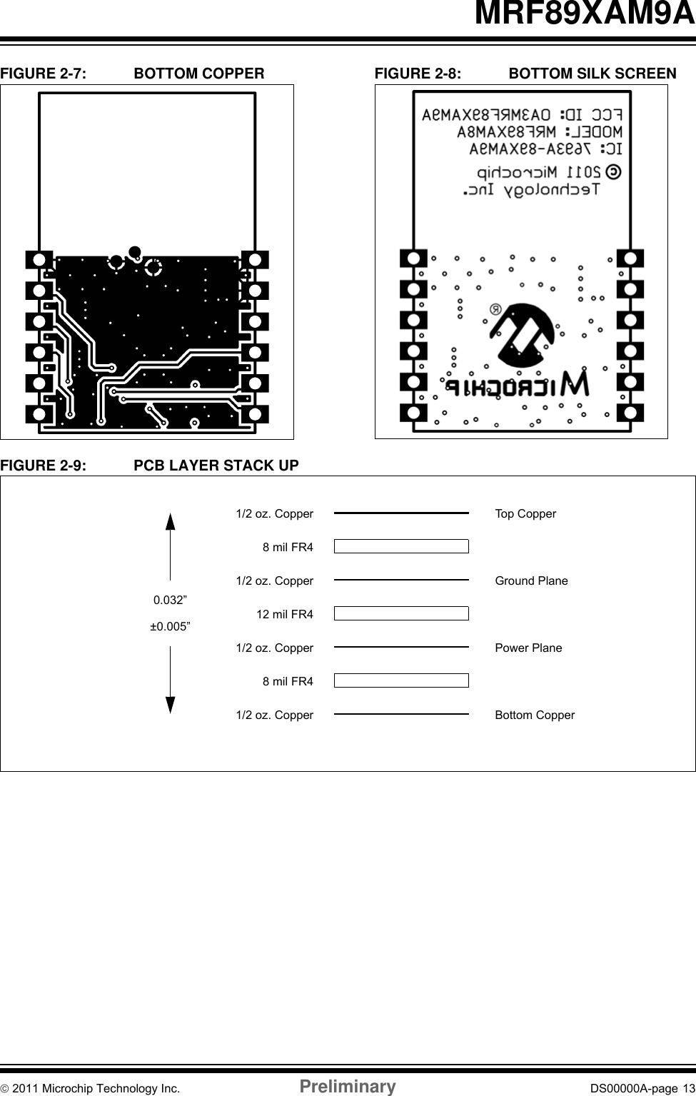 © 2011 Microchip Technology Inc. Preliminary DS00000A-page 13MRF89XAM9AFIGURE 2-7: BOTTOM COPPER FIGURE 2-8: BOTTOM SILK SCREENFIGURE 2-9: PCB LAYER STACK UPTop CopperGround PlanePower PlaneBottom Copper1/2 oz. Copper1/2 oz. Copper1/2 oz. Copper1/2 oz. Copper8 mil FR412 mil FR48 mil FR40.032”±0.005”